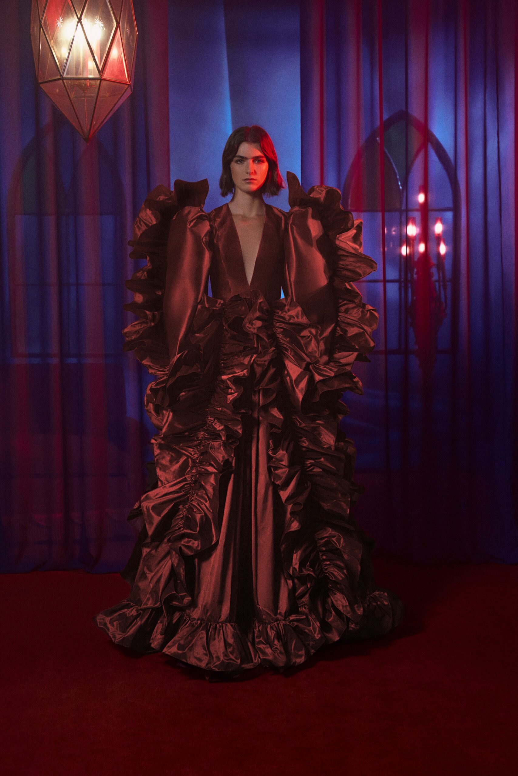 brown silk ruffled gown