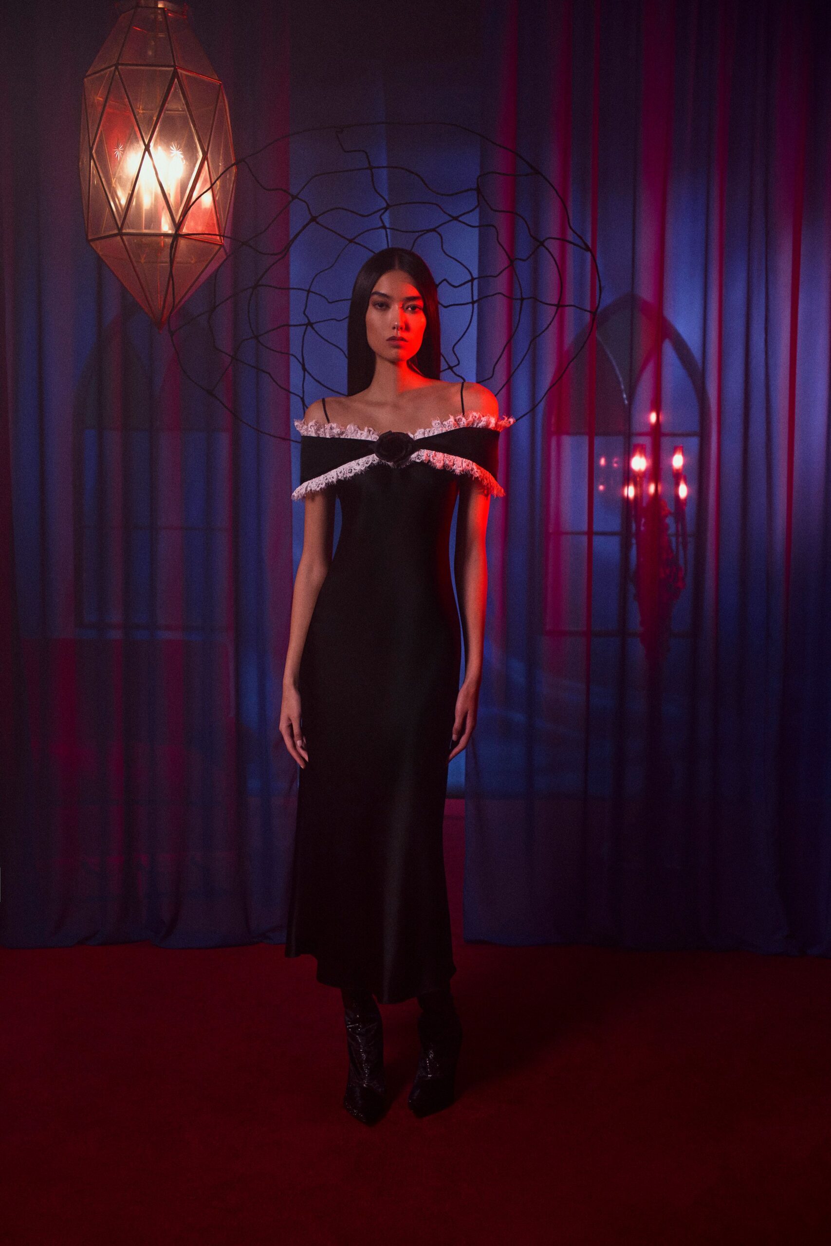 black silk sleeveless off-shoulder fitted ruffled midi dress