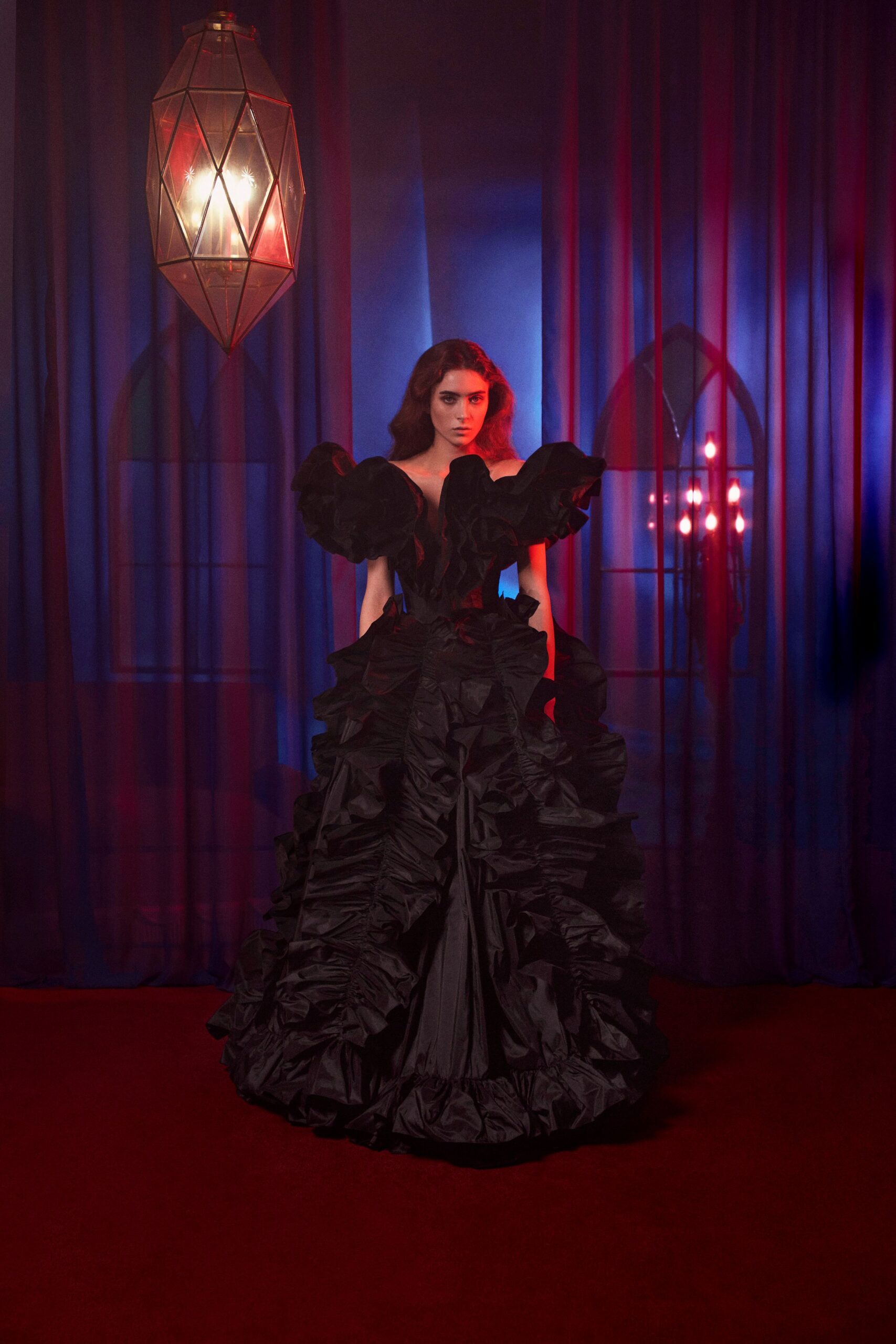 black ruffled off-shoulder gown