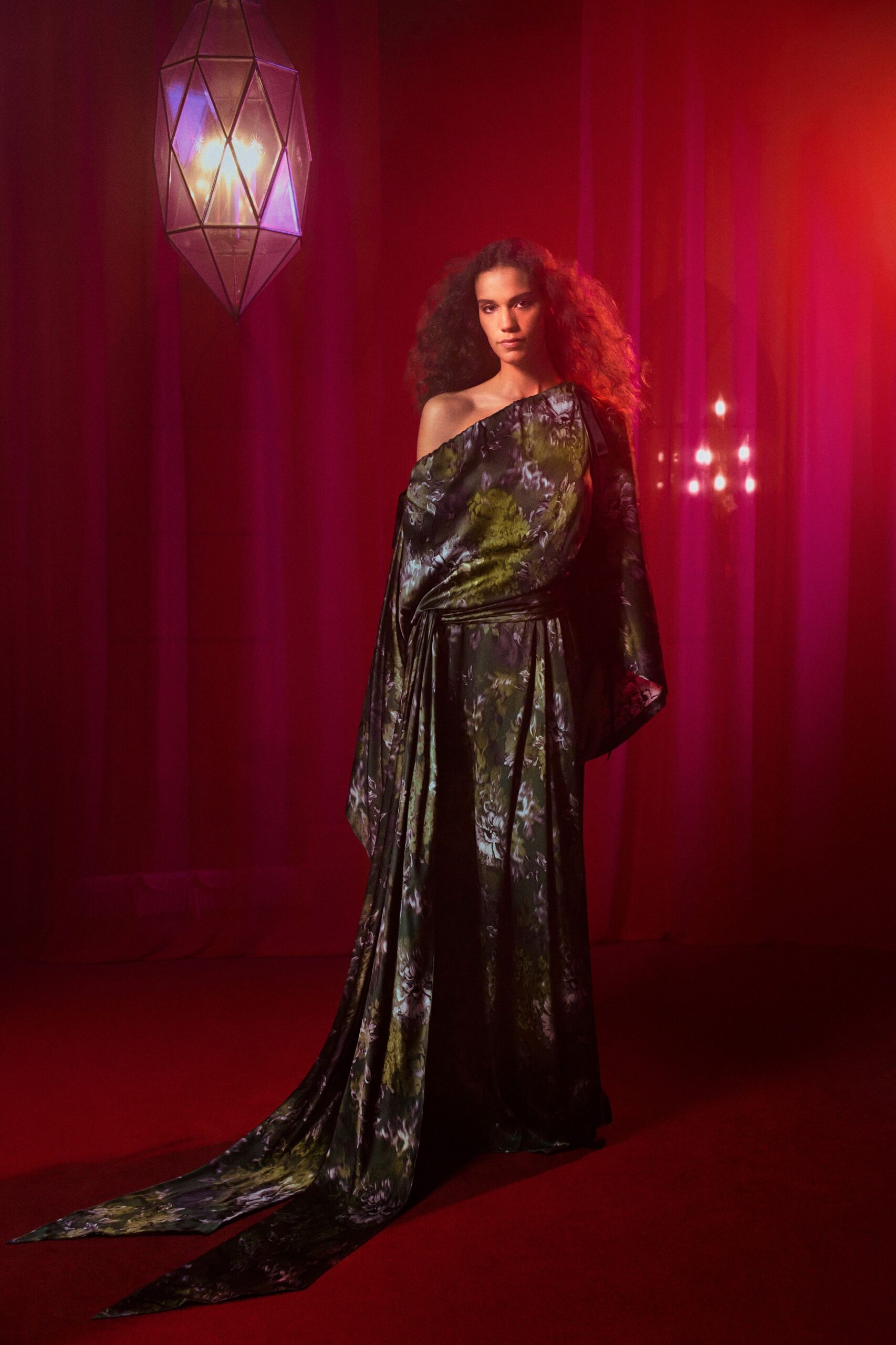green black silk off-shoulder gown