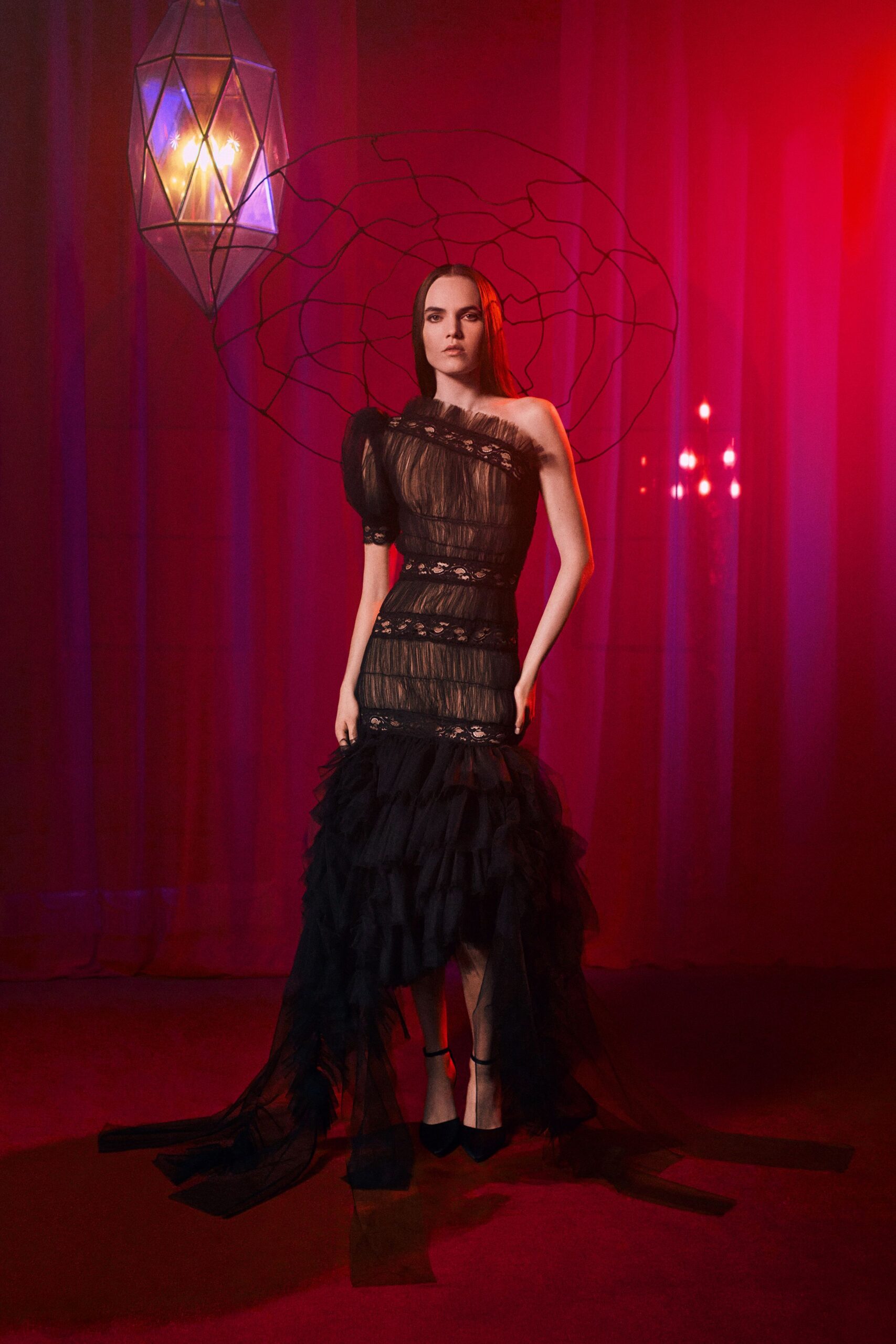 black tulle off-shoulder long-sleeve fitted ruffled layered gown