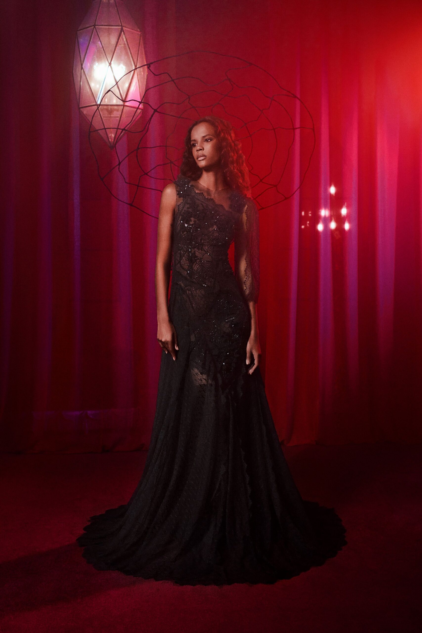 black lace off-shoulder gown