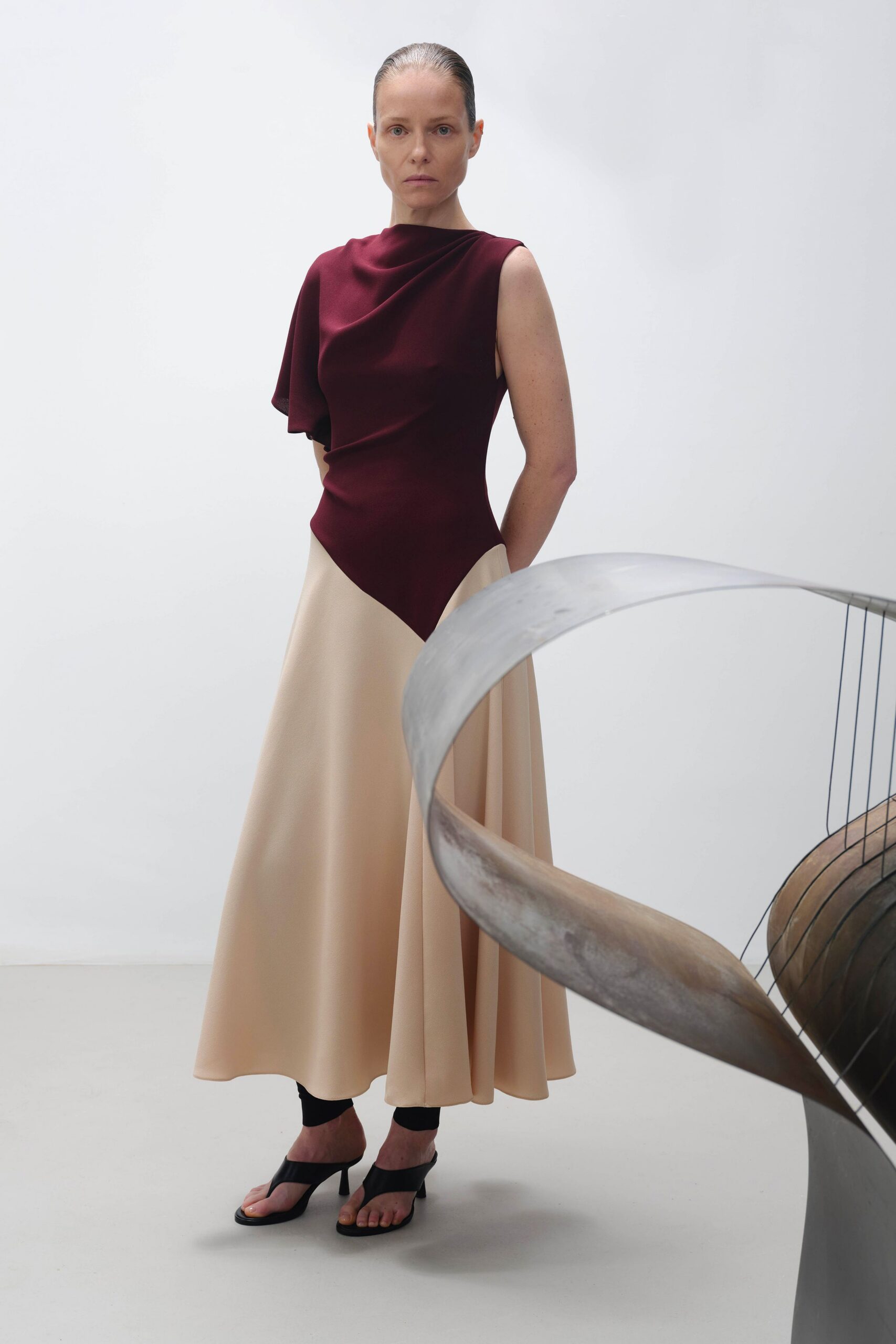 maroon silk sleeveless asymmetric fitted draped a-line dress