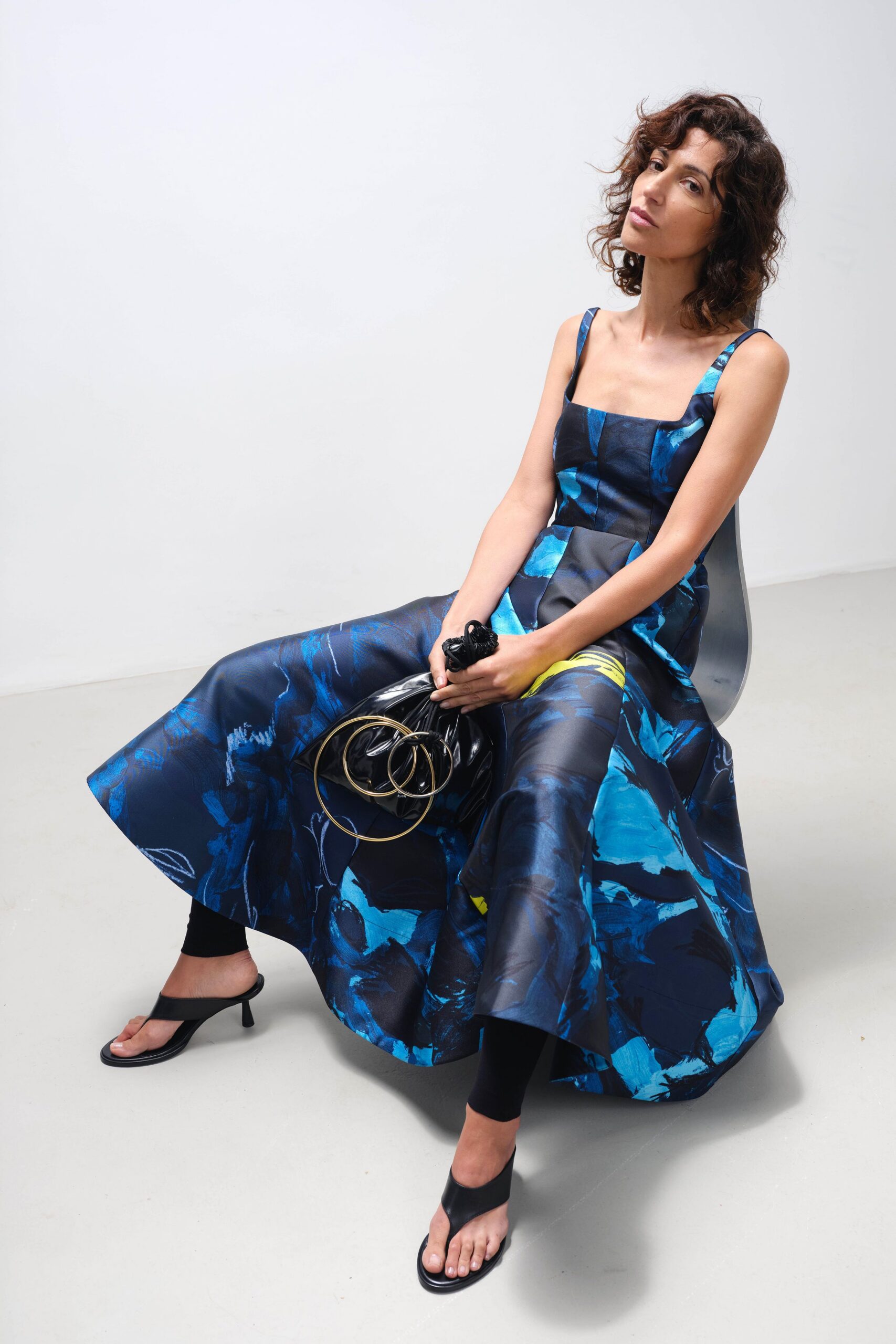 blue silk midi dress with black shoes