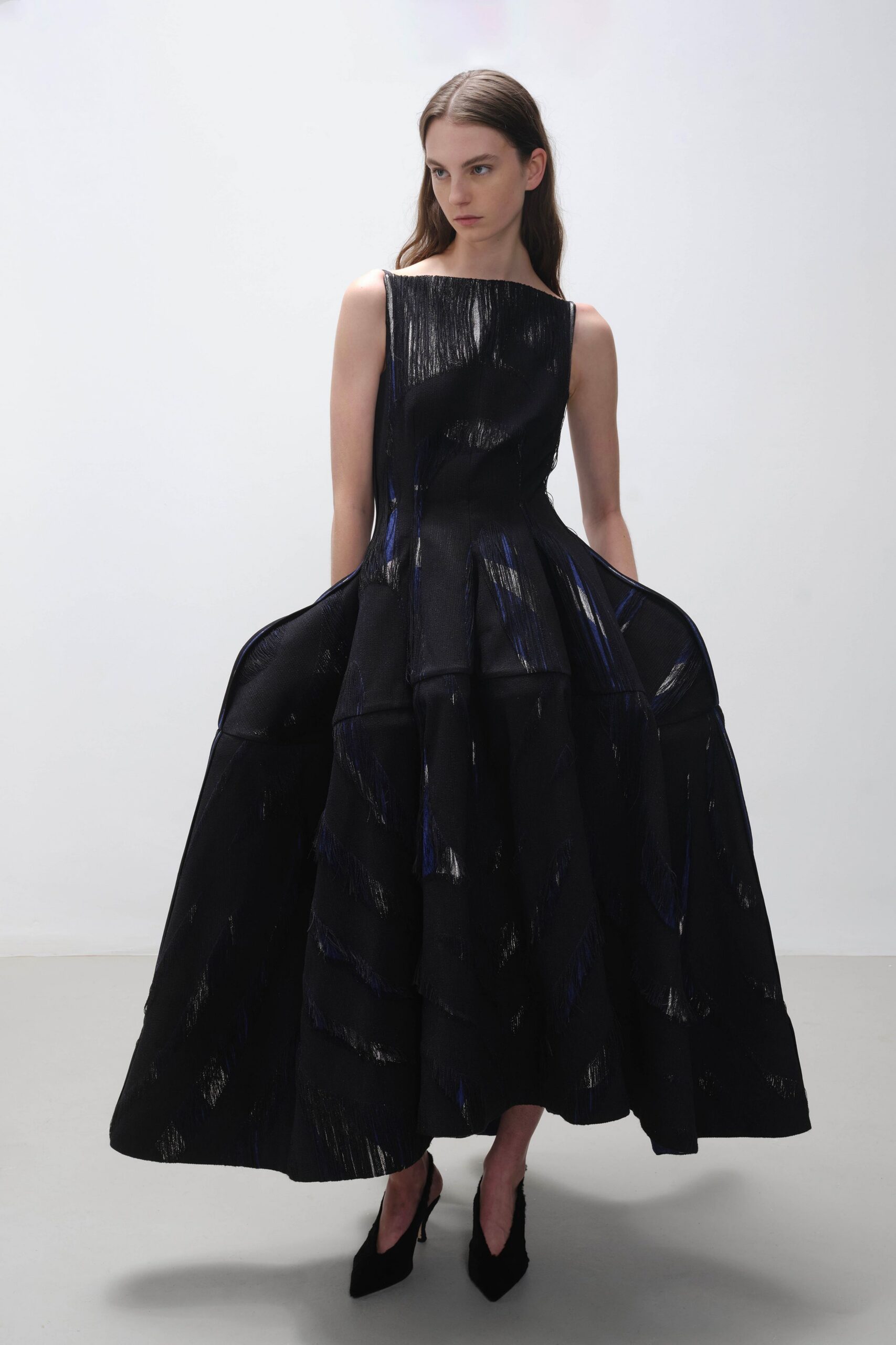 black silk sleeveless high-neck fitted pleated shiny gown