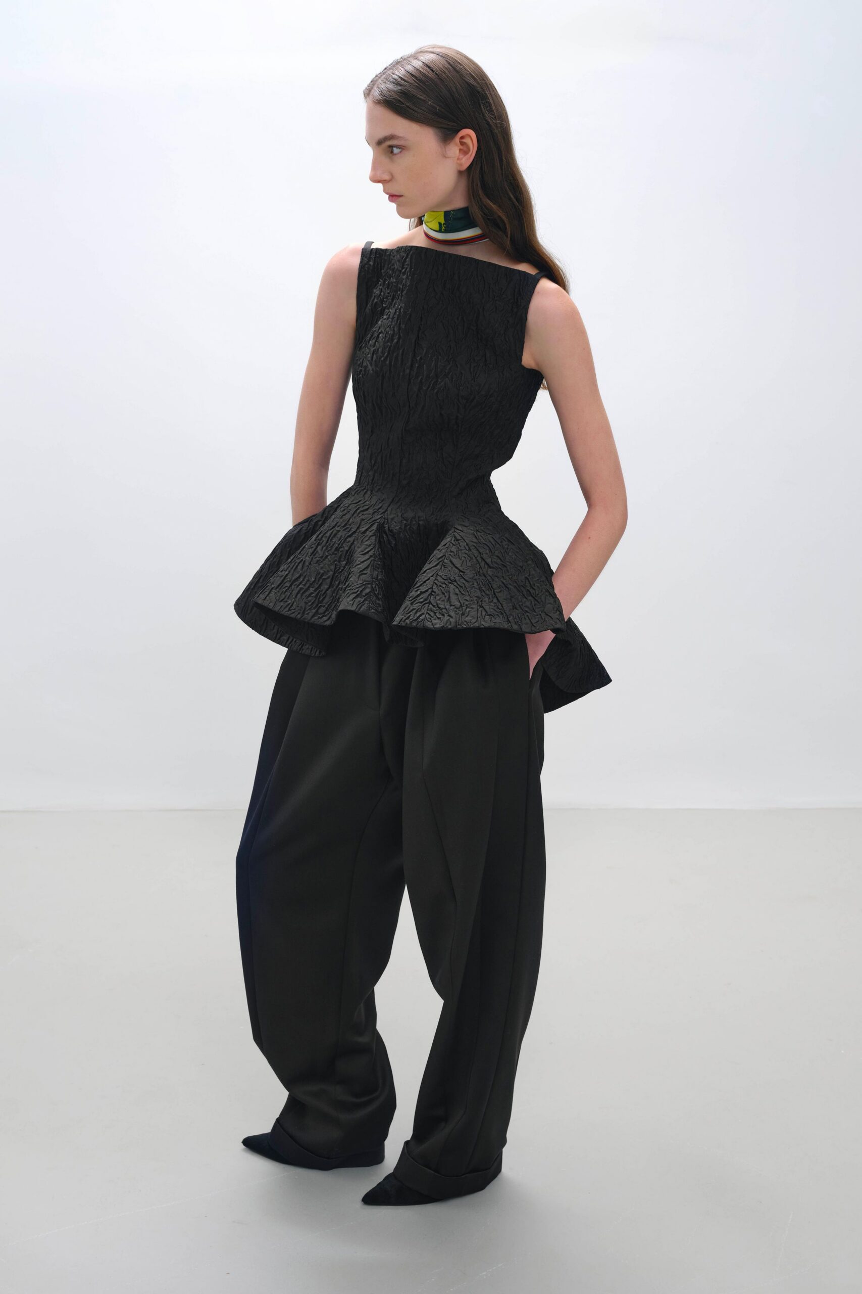 black fitted top with wide-leg pants