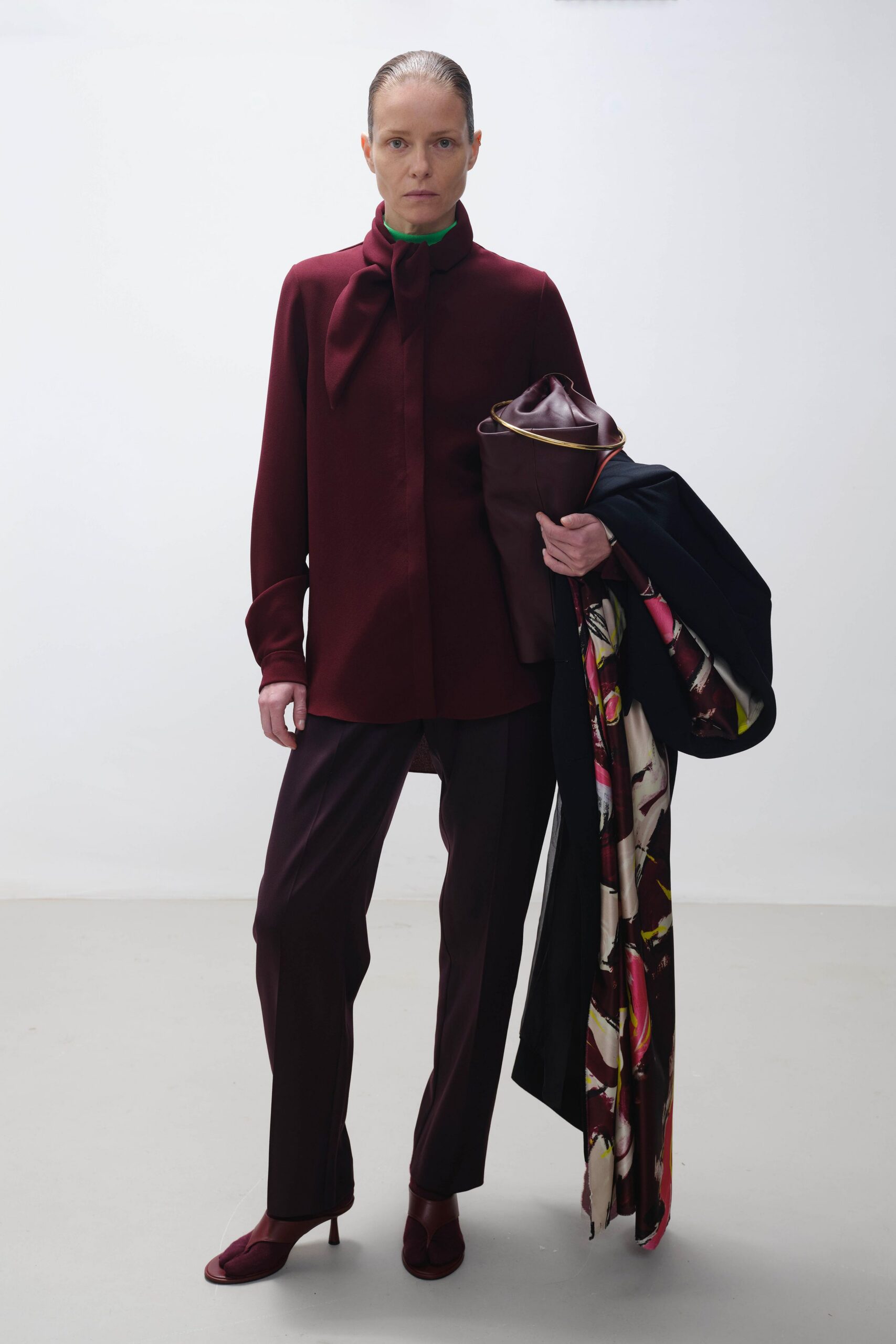 maroon silk long-sleeve collared fitted shirt