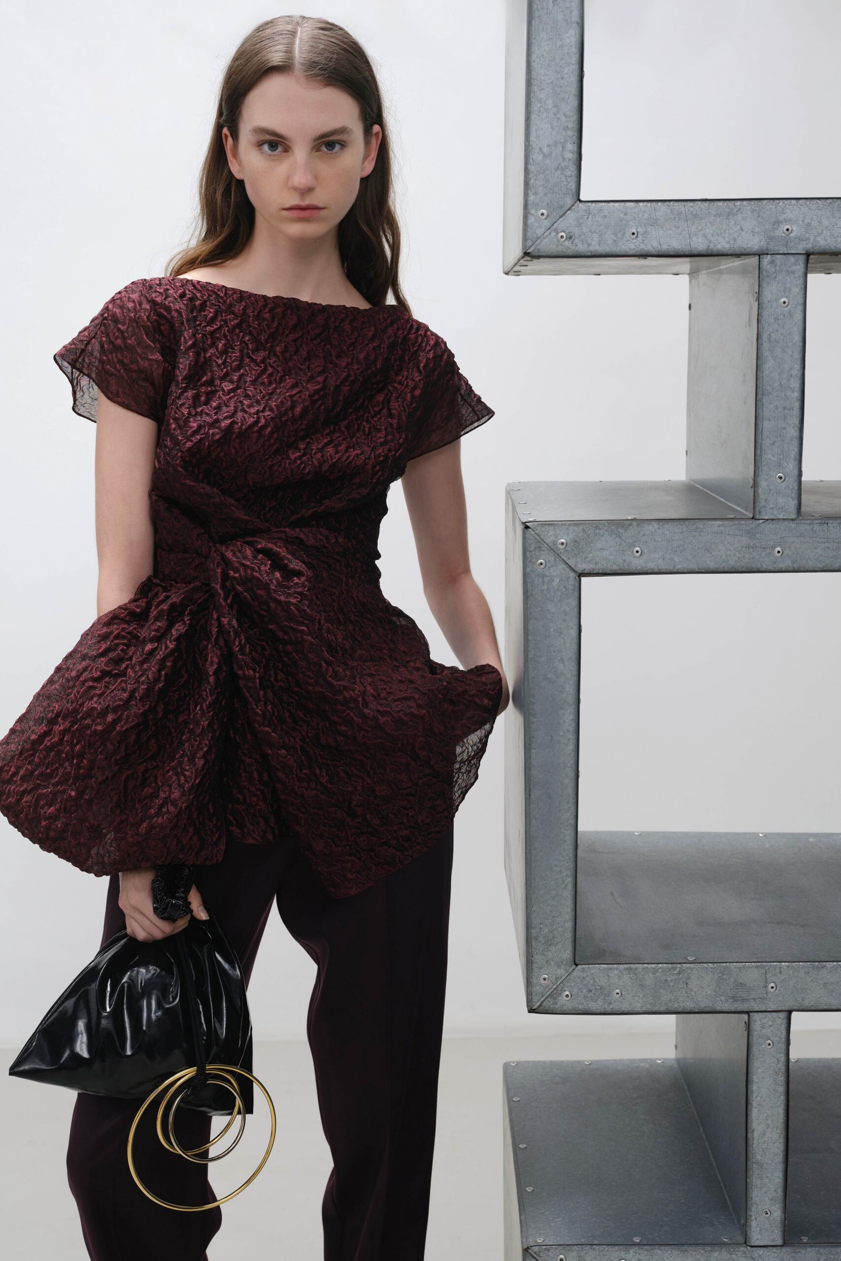 maroon silk short-sleeve scoop-neck relaxed draped pleated top