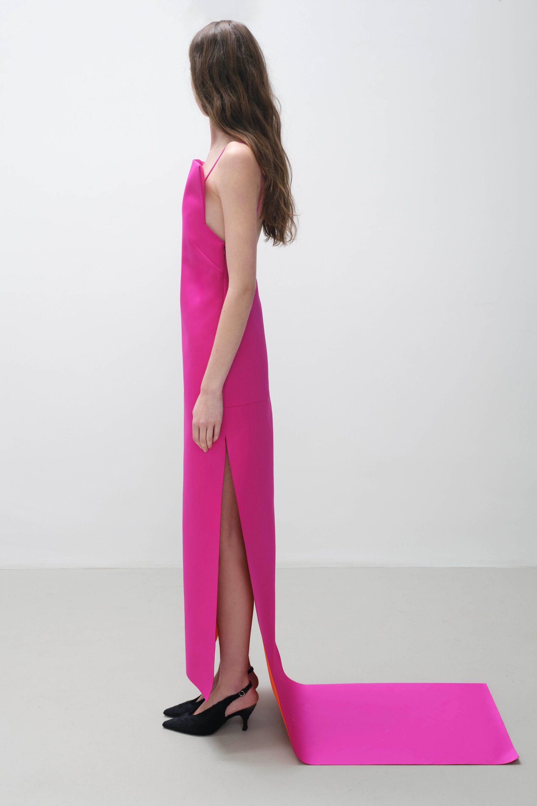 pink neoprene sleeveless v-neck fitted draped maxi gown