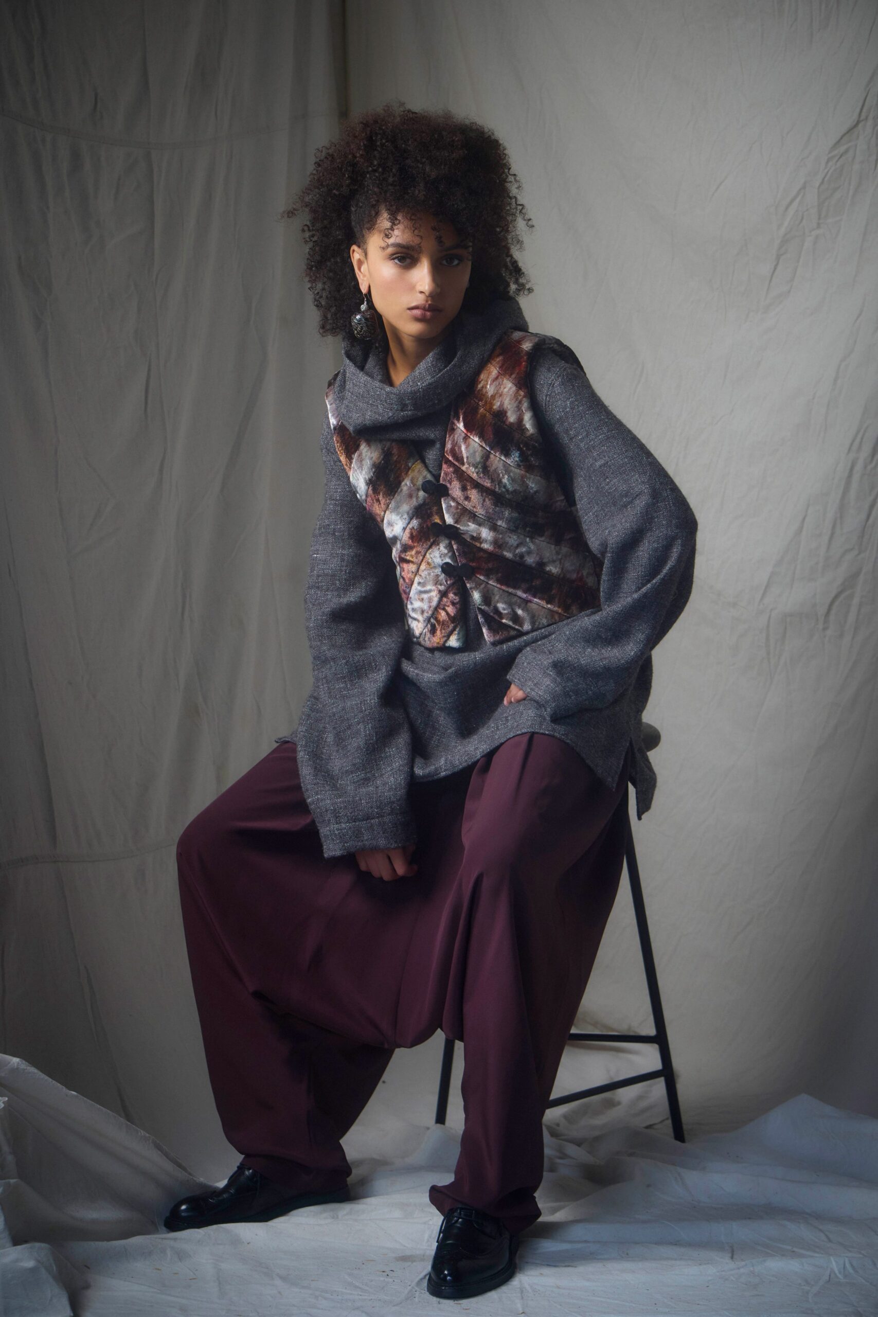 gray wool long-sleeve high-neck relaxed layered pleated top