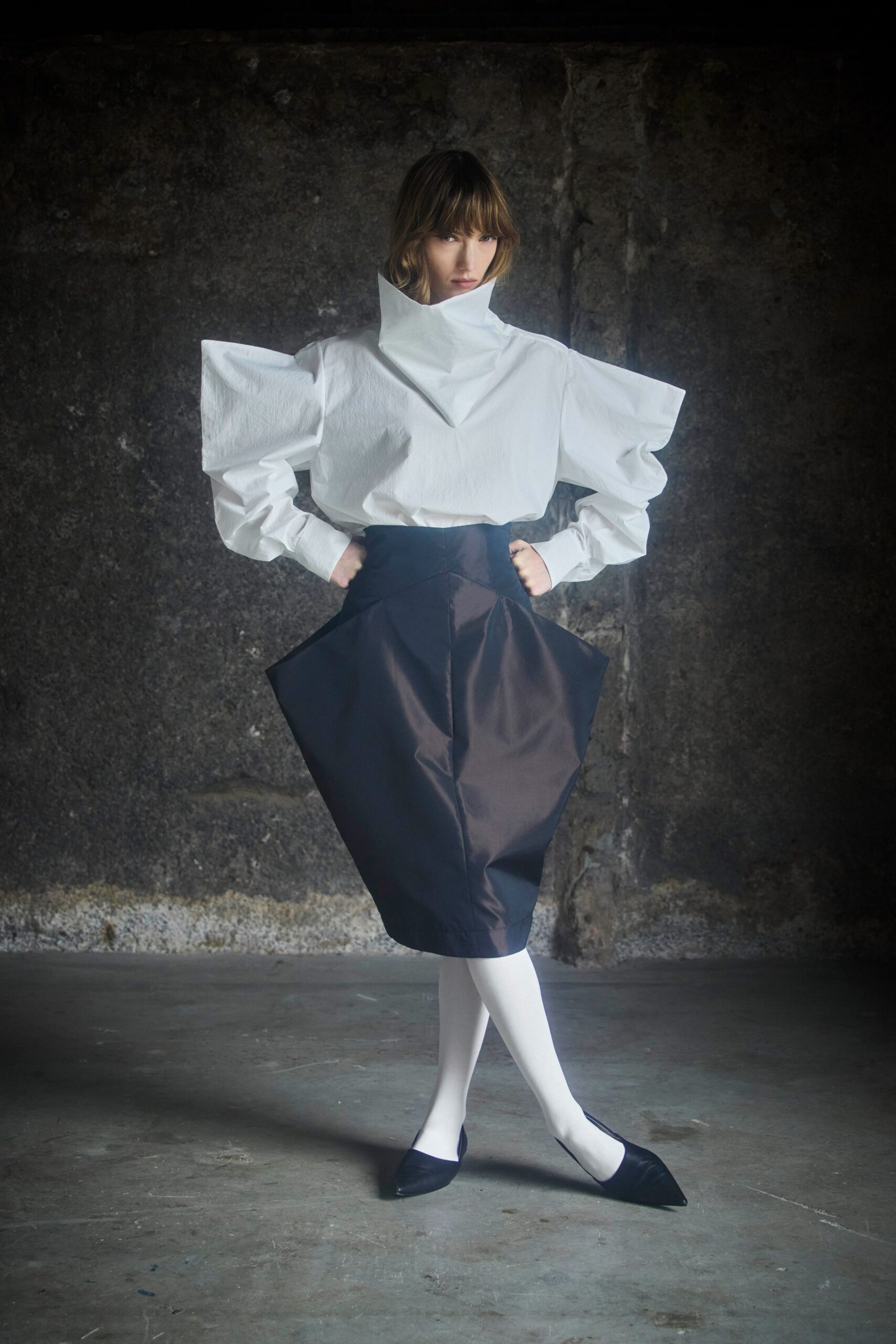 white cotton long-sleeve high-neck oversized pleated top