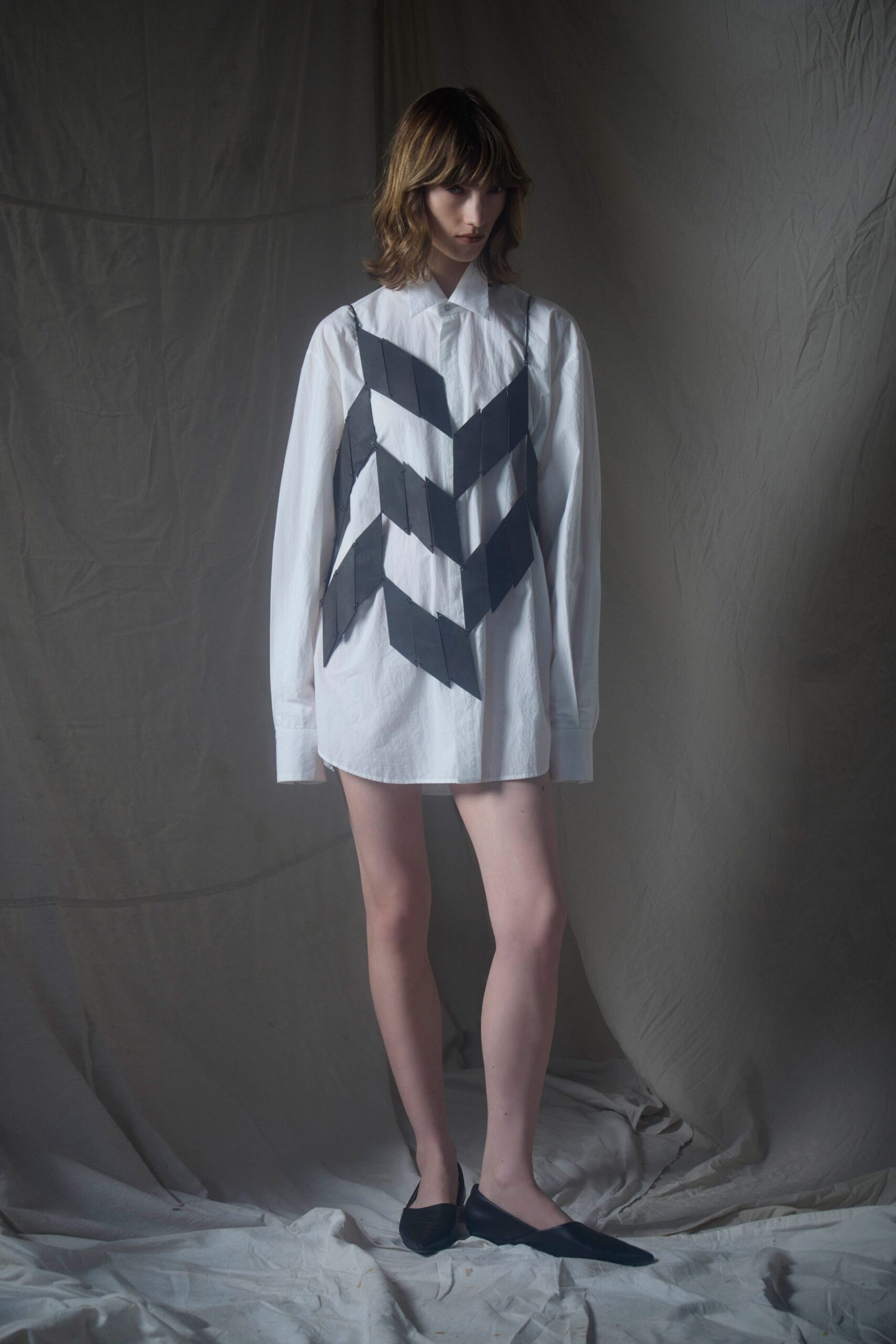 white cotton long-sleeve collared oversized printed short shirt