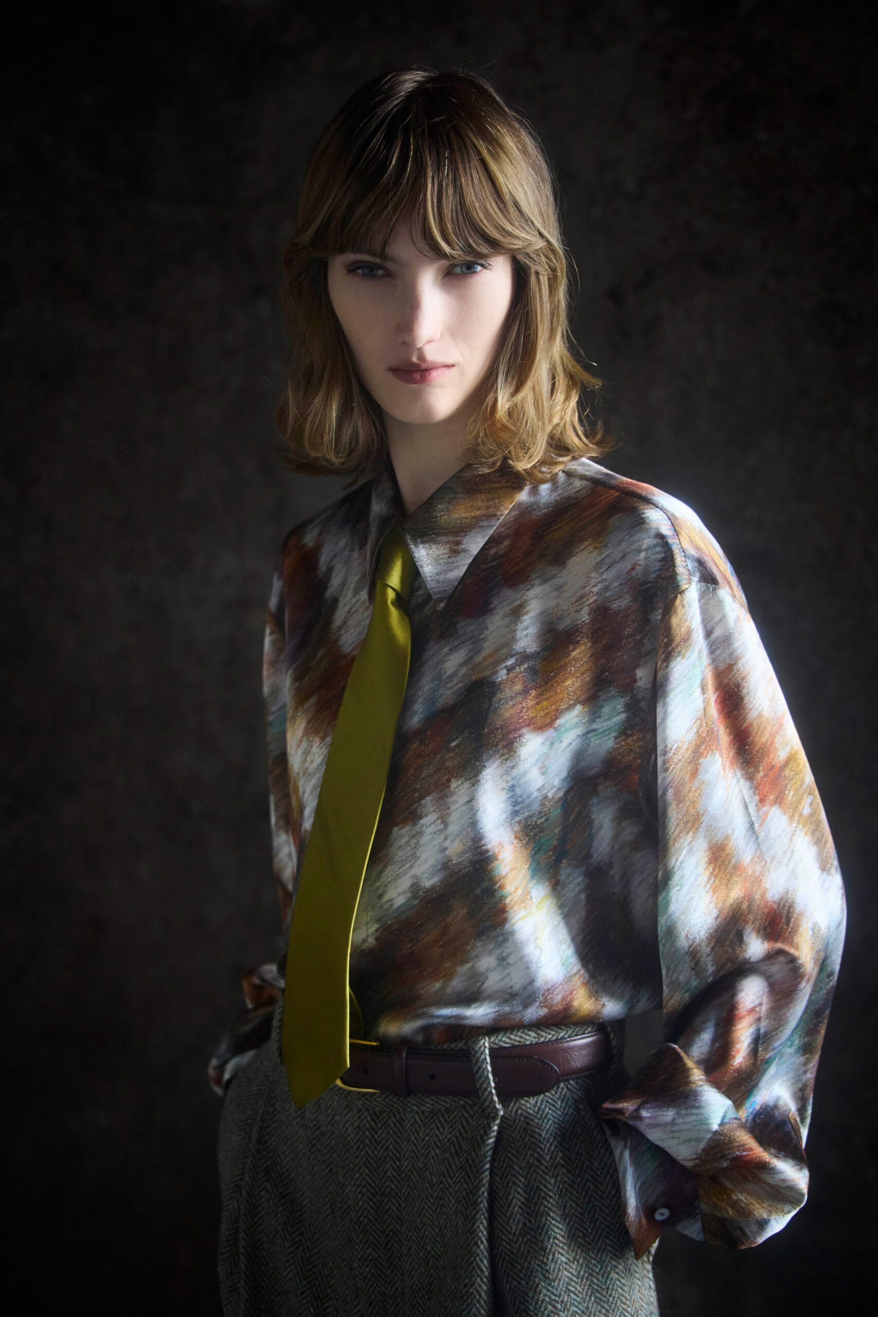 multi-colored silk shirt with tie