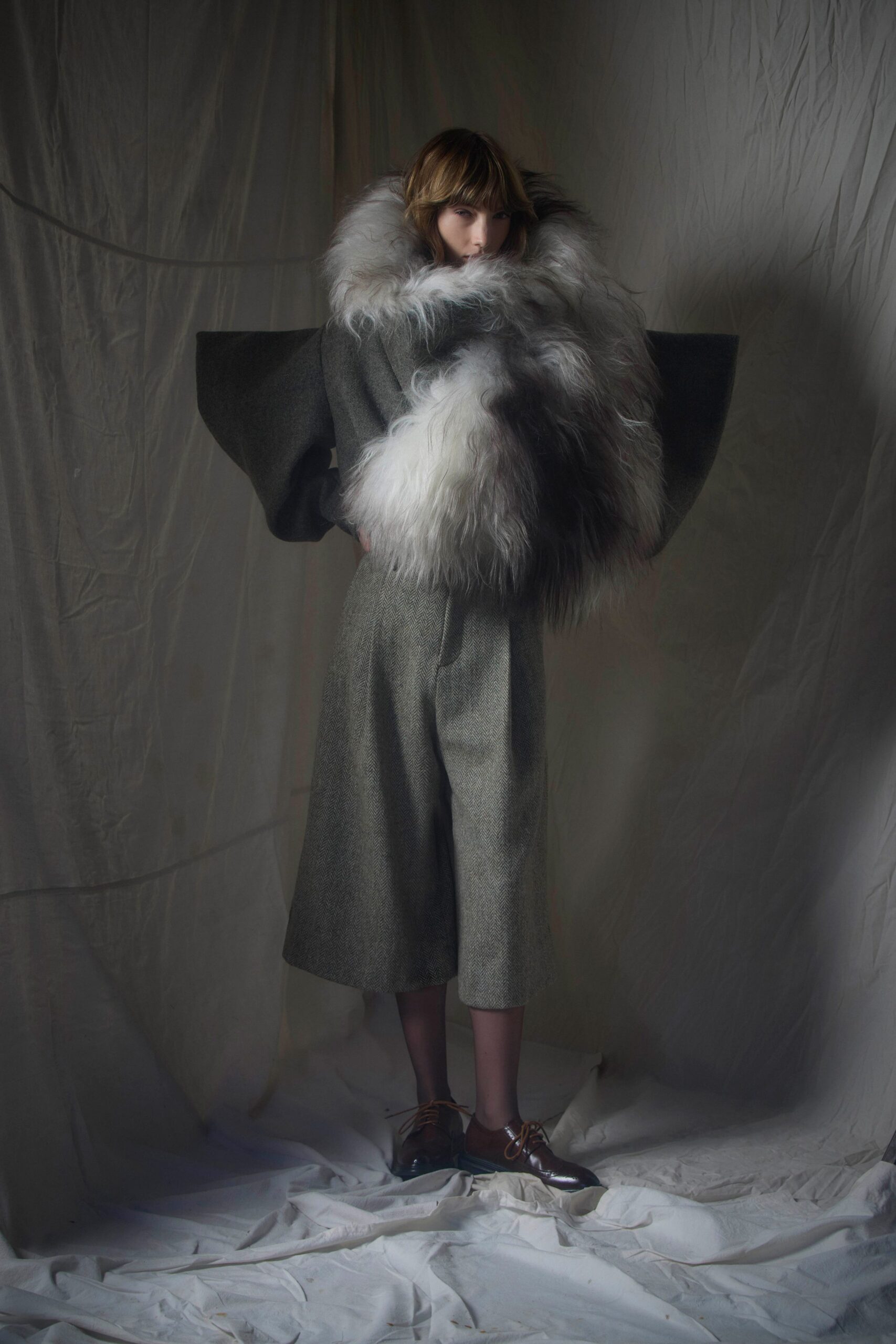 gray fur oversized layered coat