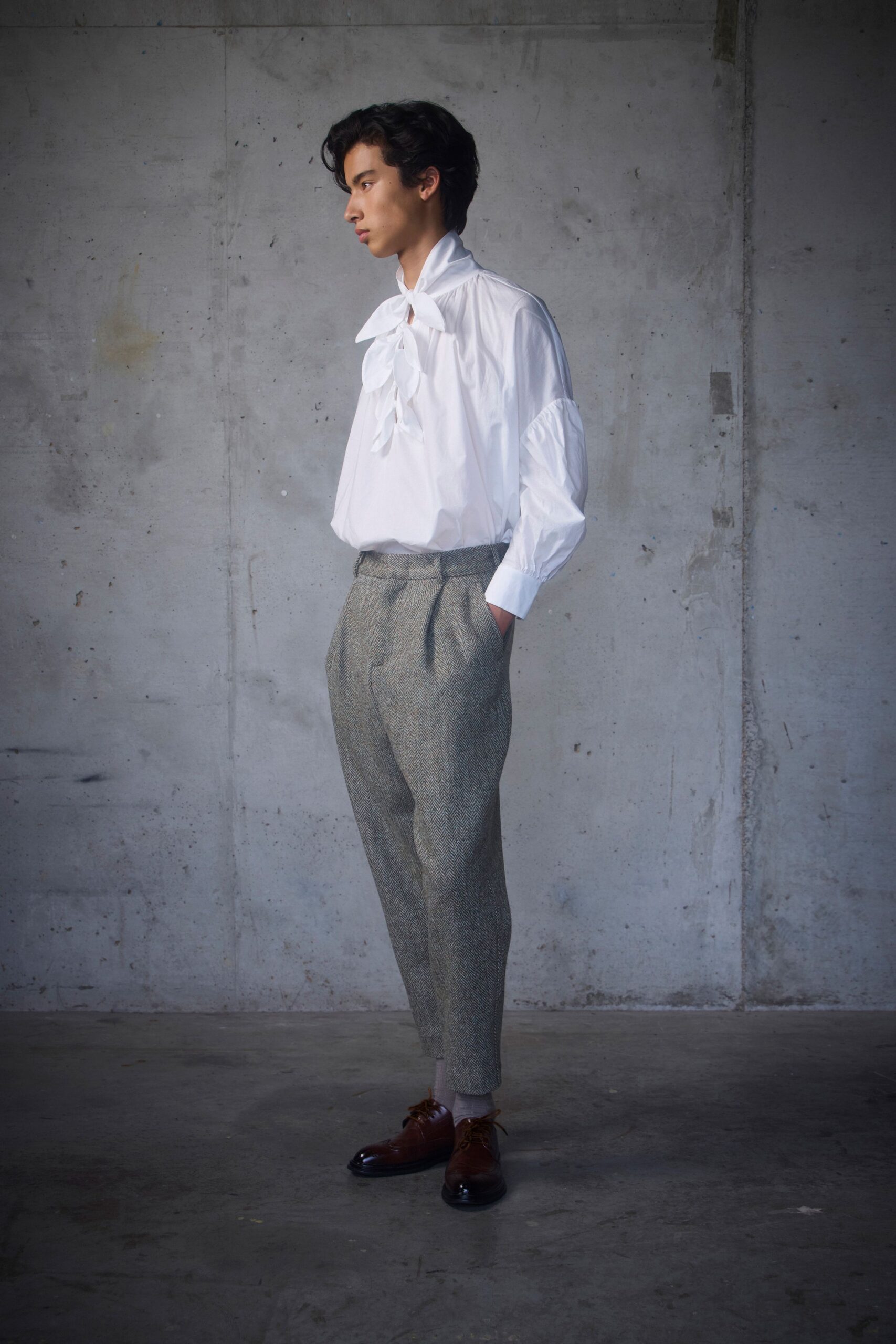 white relaxed shirt gray tailored pants