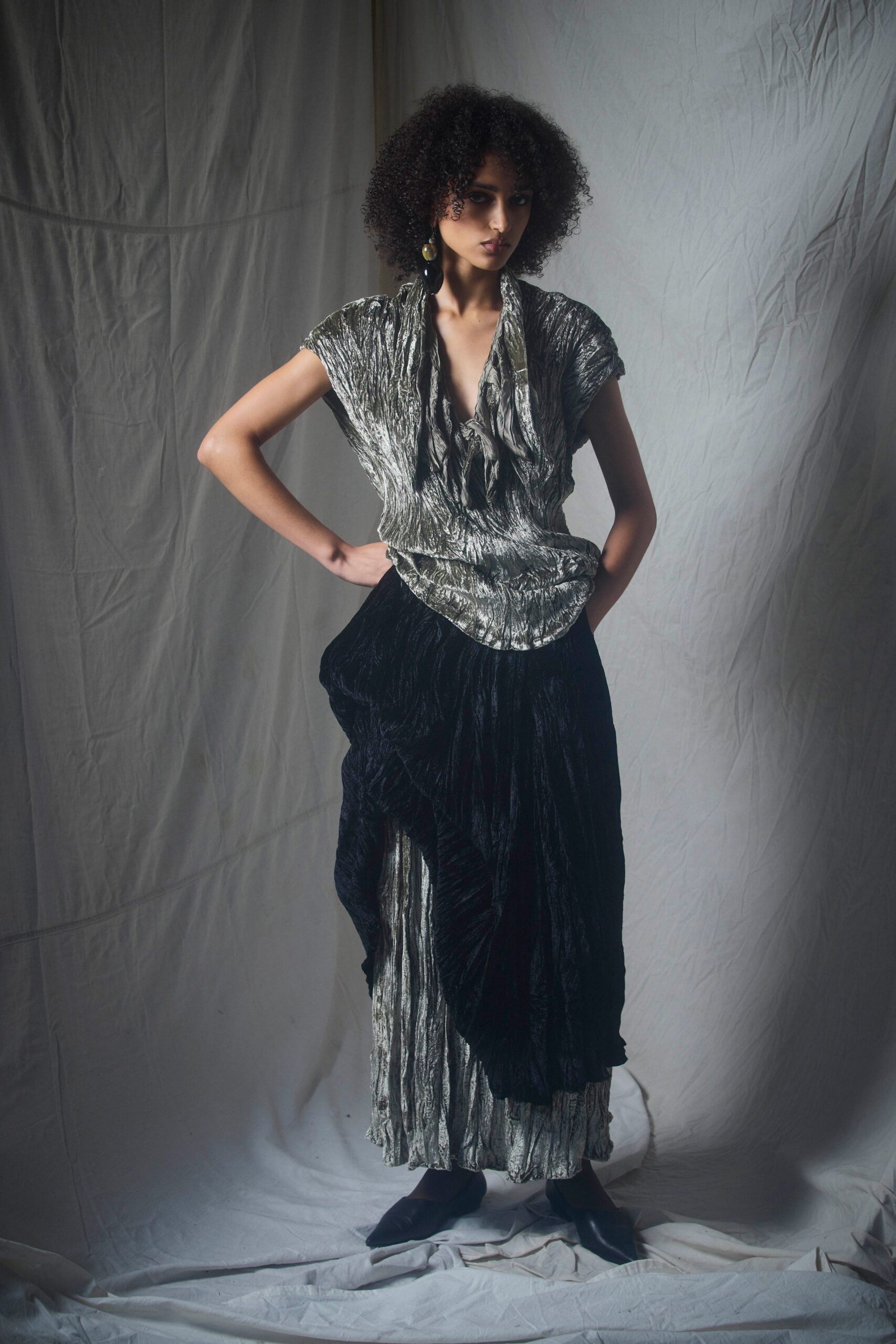 black silver draped midi dress