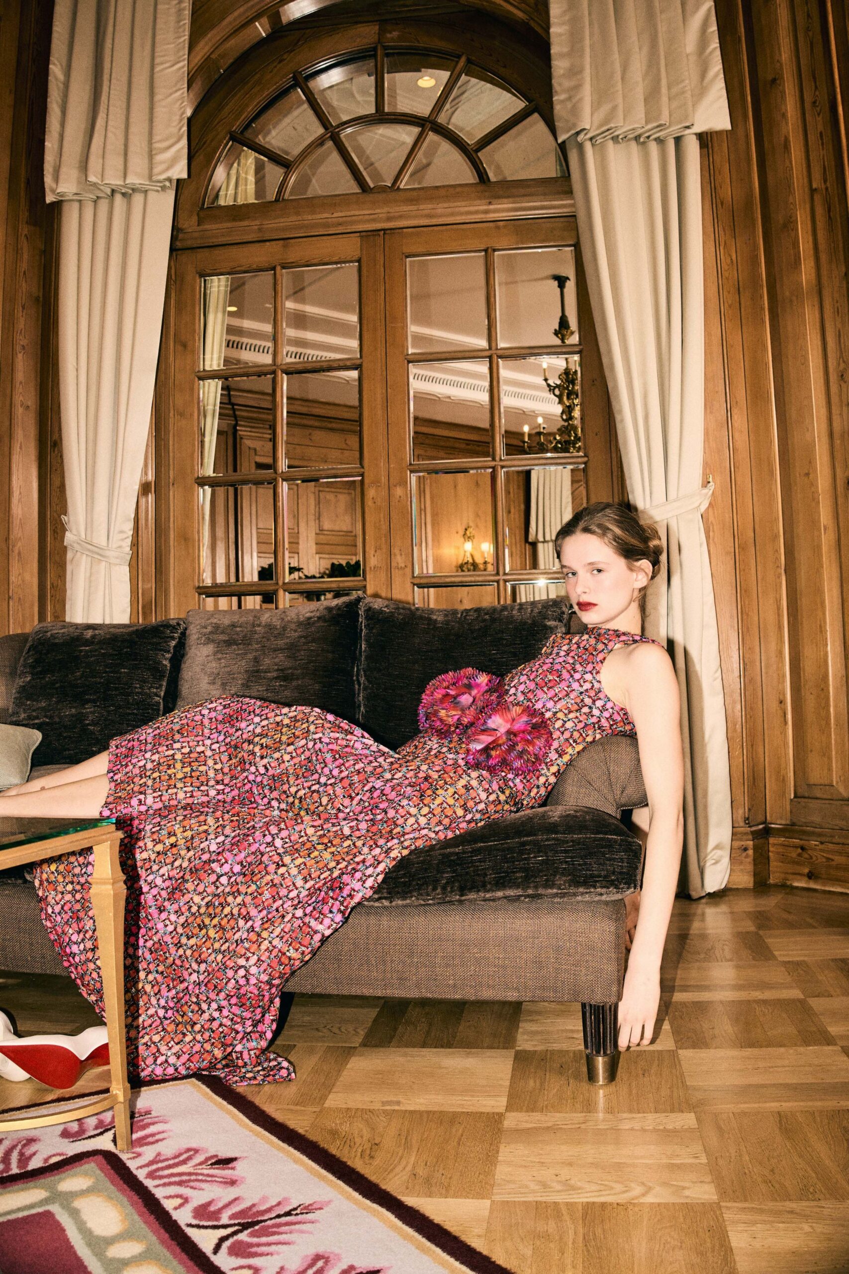 multi-colored pleated gown