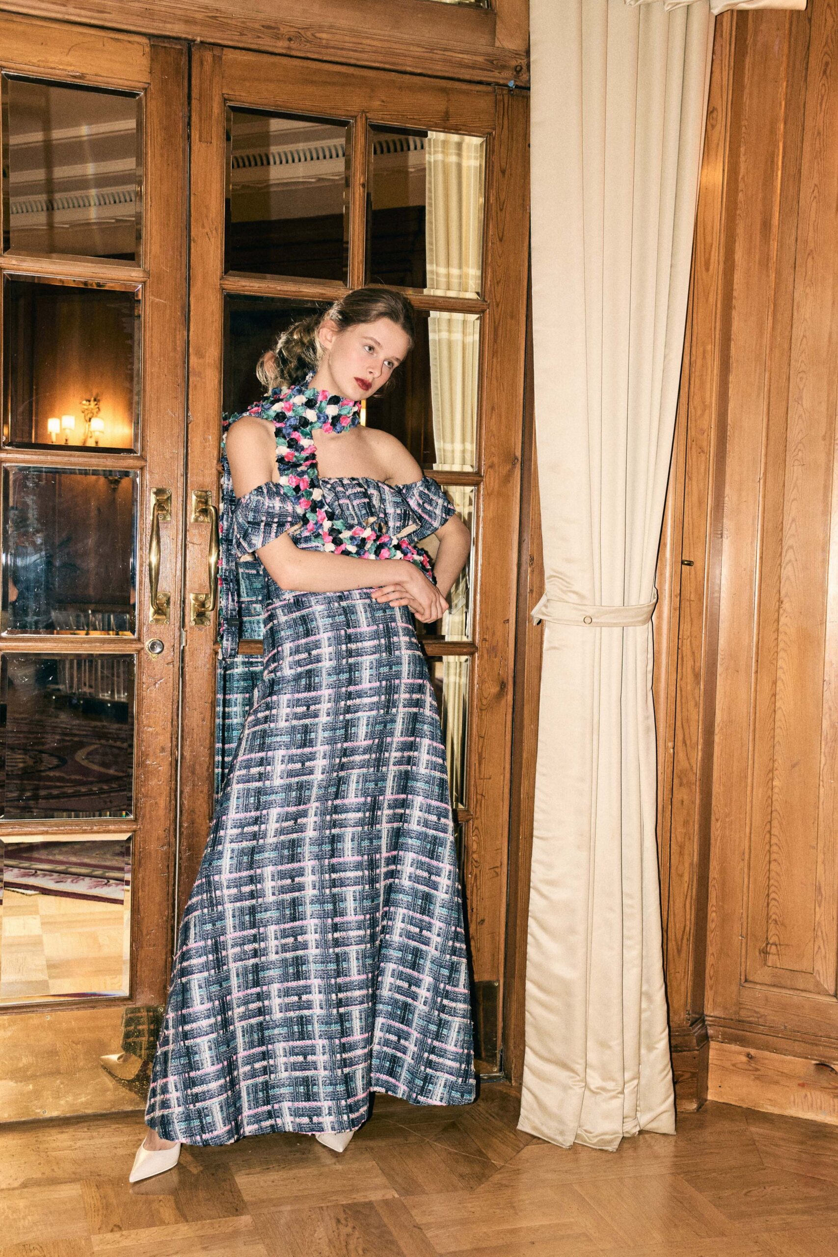 blue cotton off-shoulder fitted printed tiered maxi gown