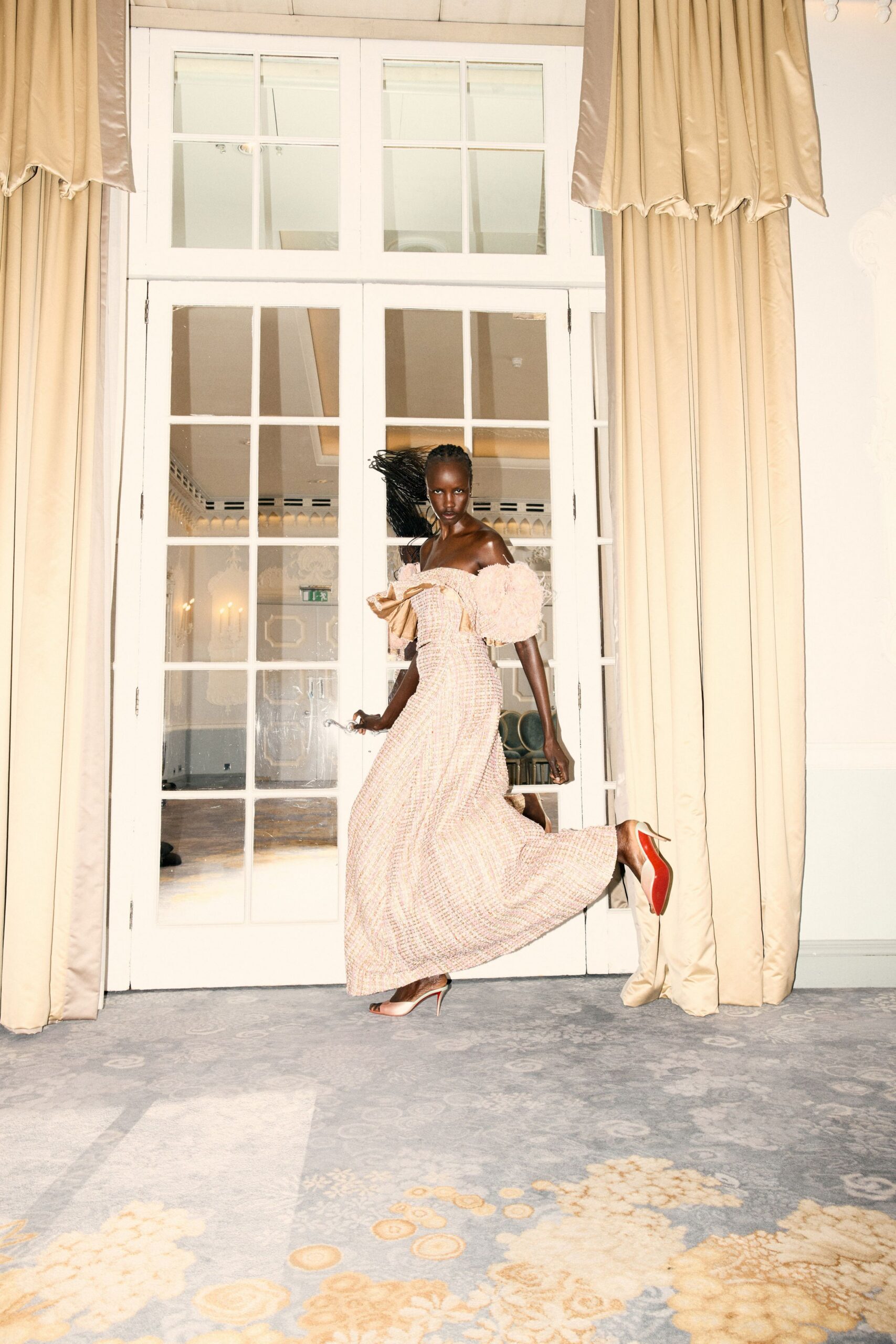 beige silk off-shoulder long-sleeve fitted ruffled tiered gown