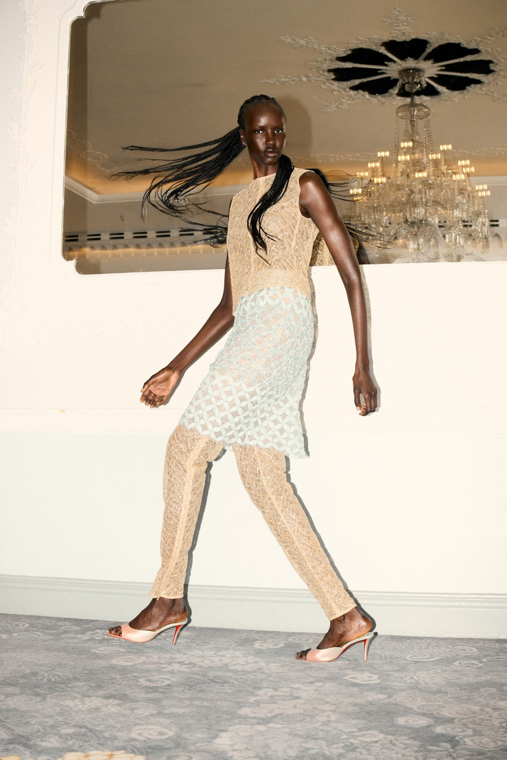 beige lace sleeveless fitted layered midi dress