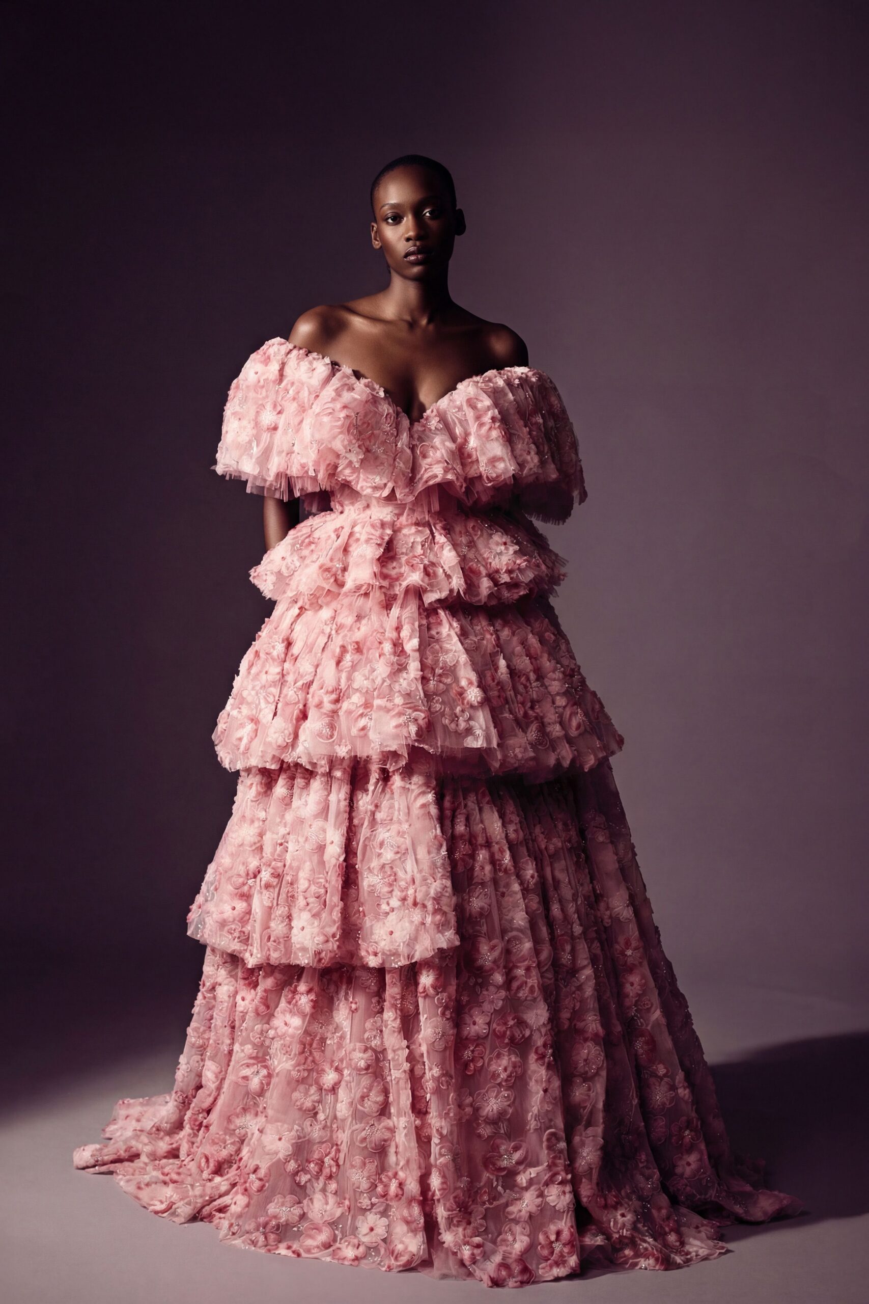 pink ruffled off-shoulder gown