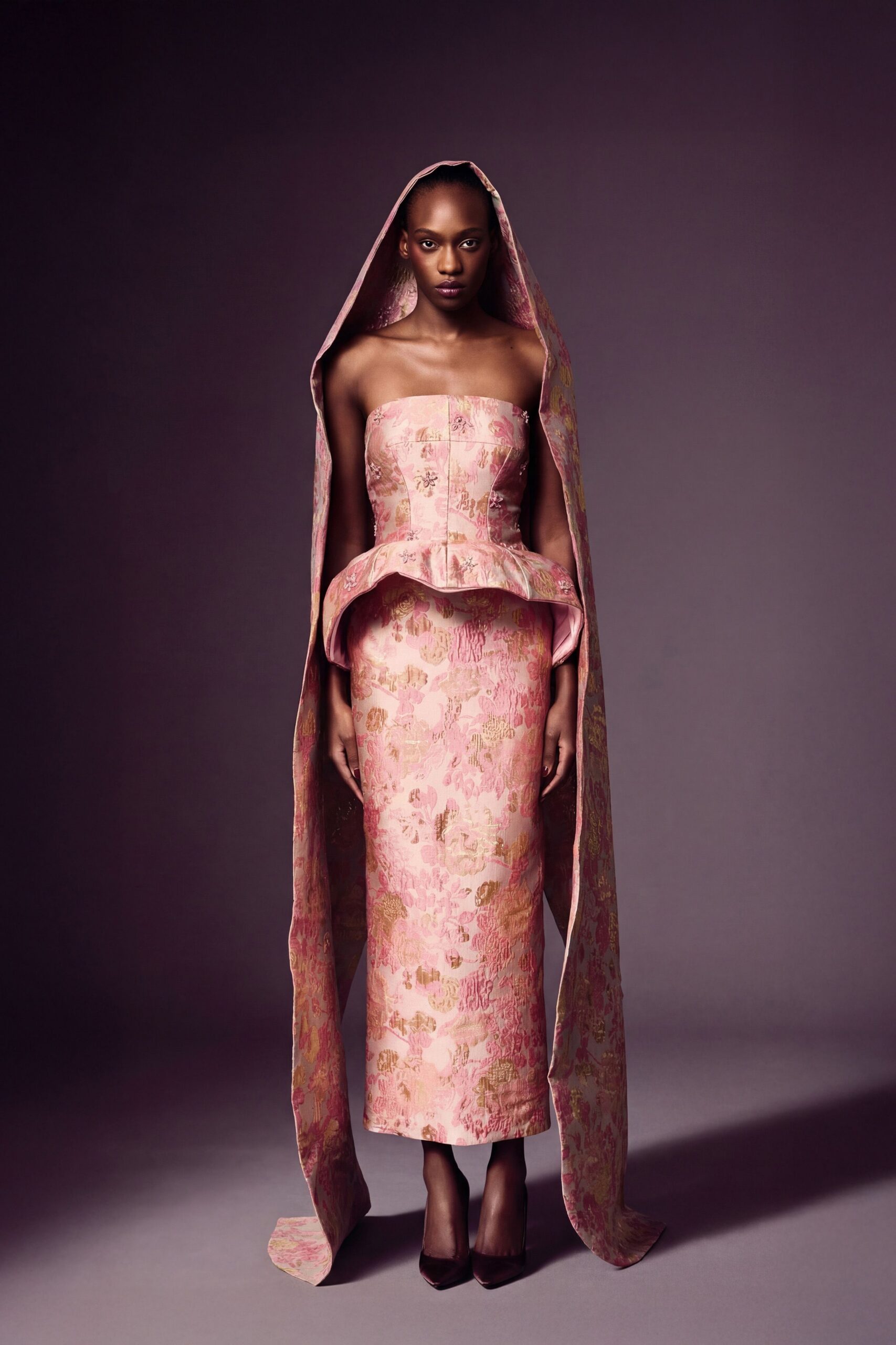 pink silk strapless gown with cape