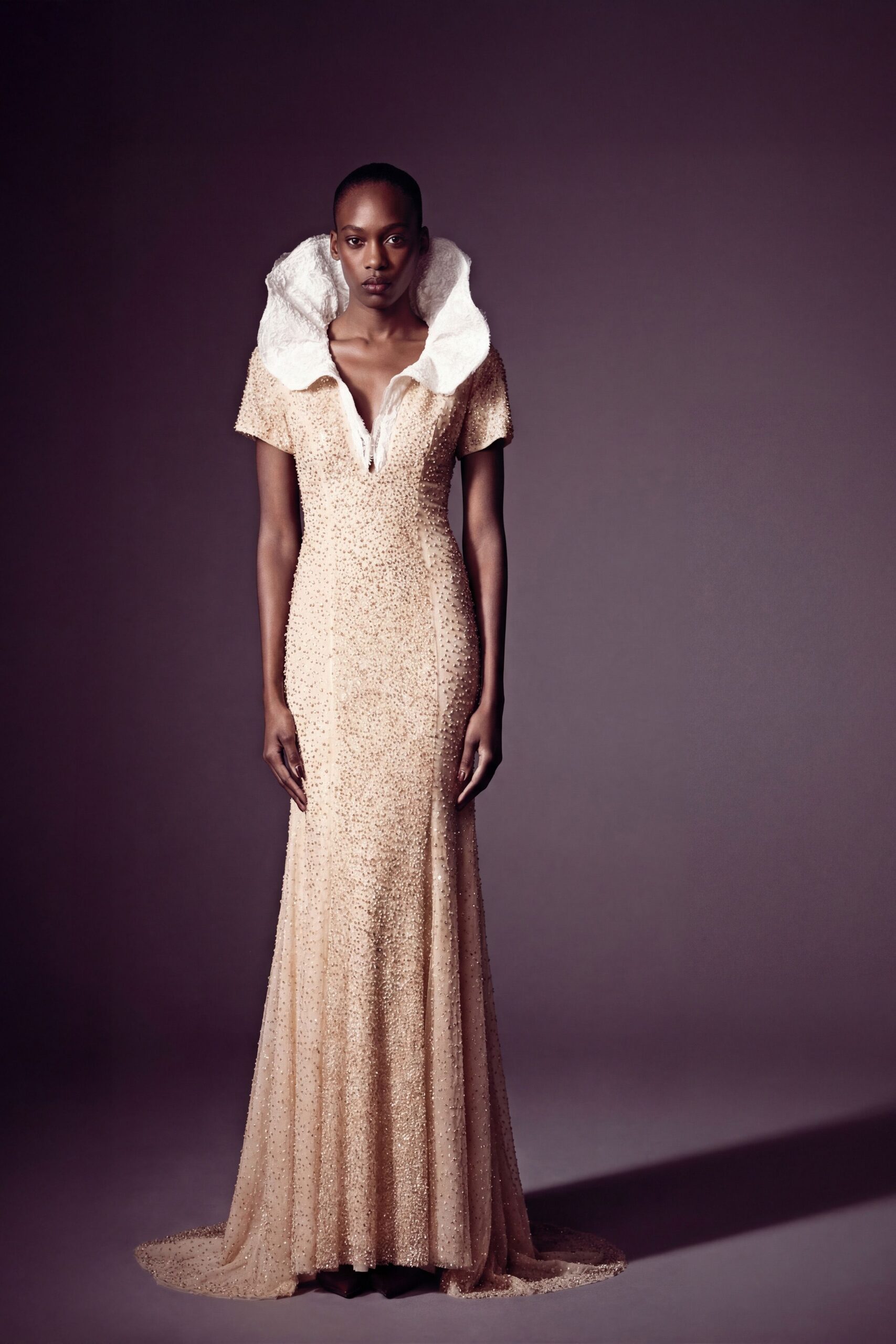 beige embellished short-sleeve gown