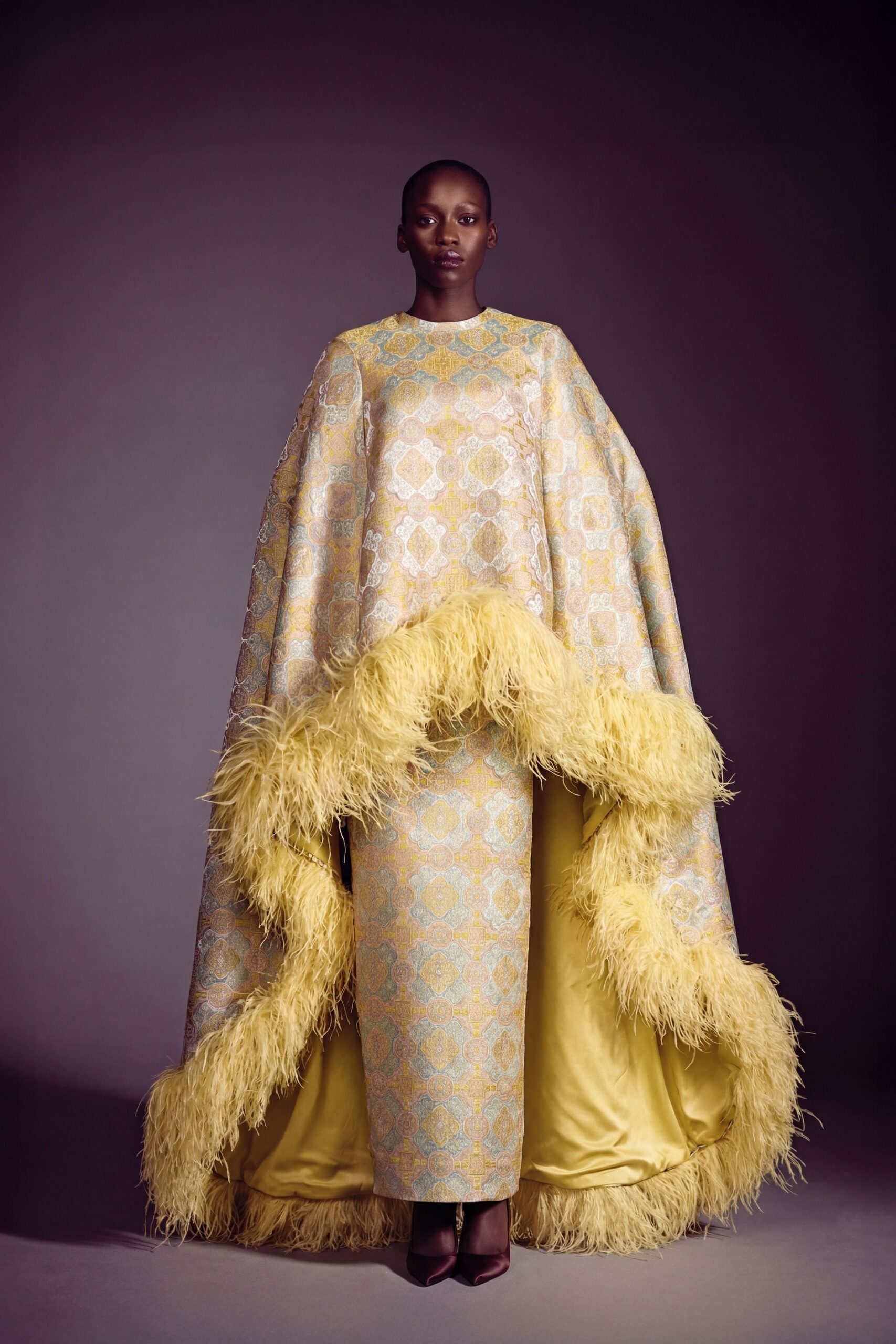 yellow silk fitted straight-leg maxi dress