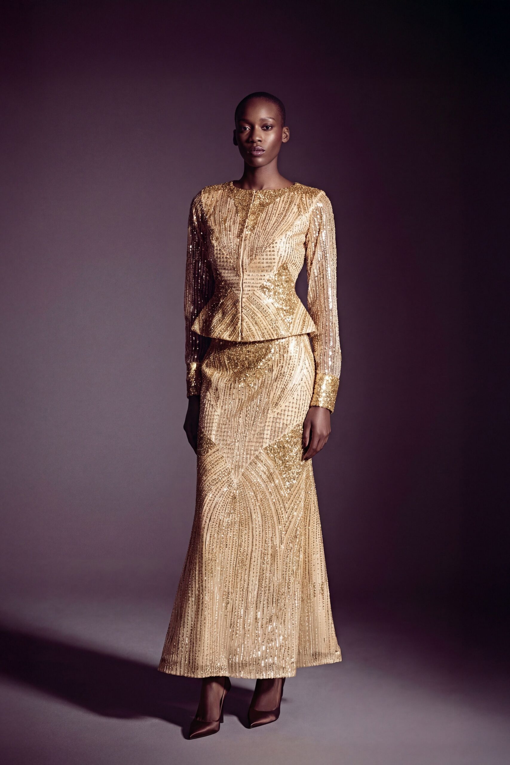 gold sequin long-sleeve gown