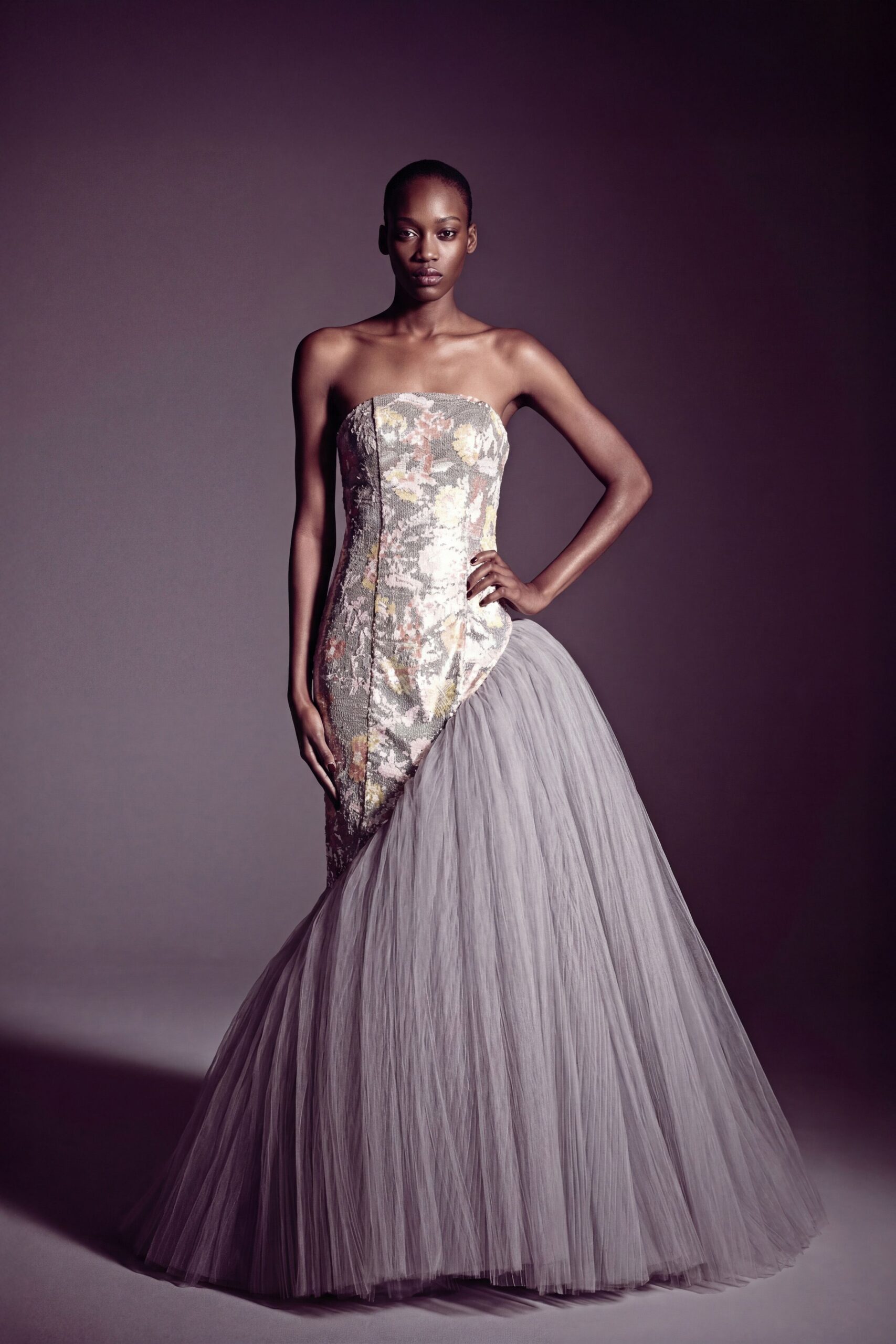 gray multi-colored strapless gown