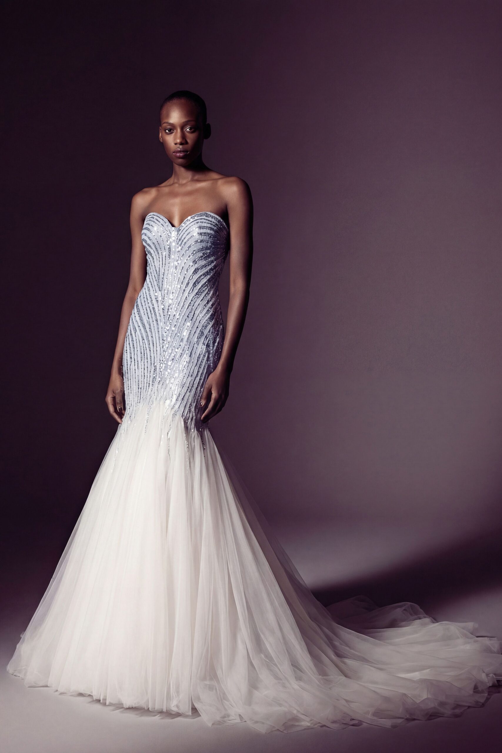 blue and white strapless gown