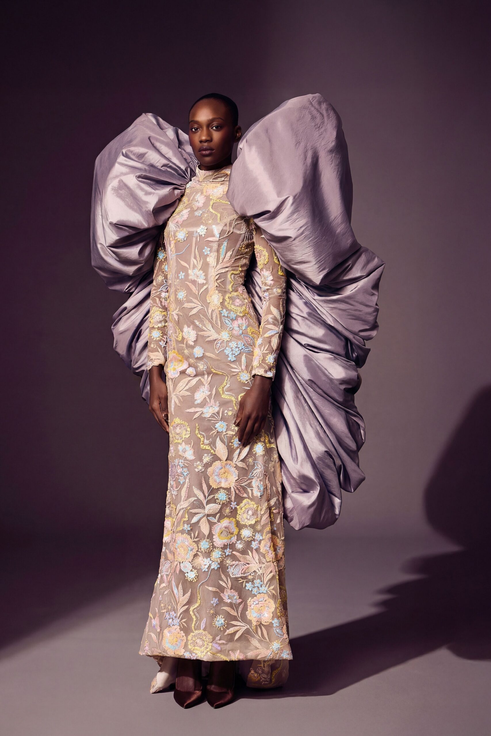 beige silk long-sleeve high-neck fitted embroidered flared gown