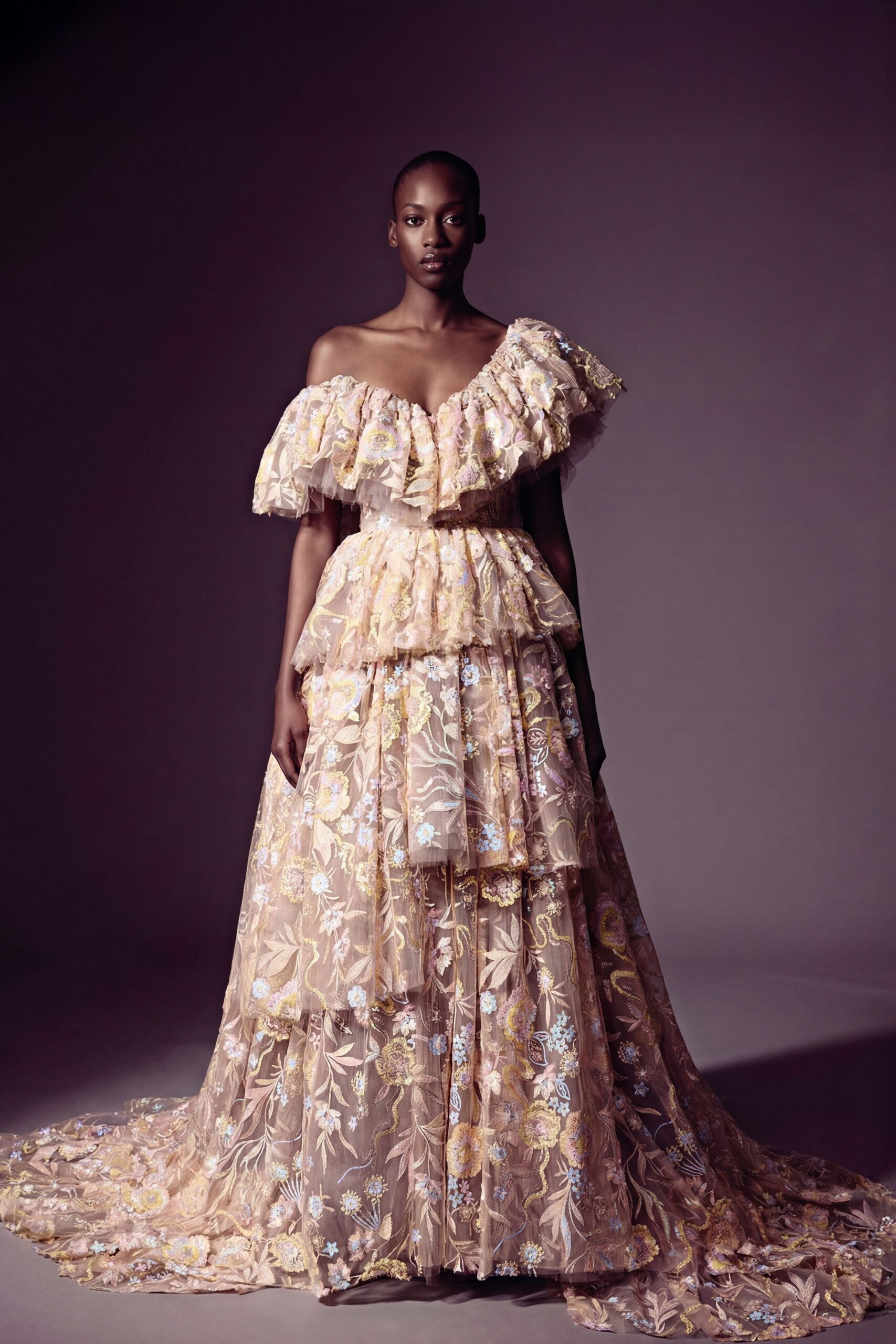 pink floral off-shoulder gown