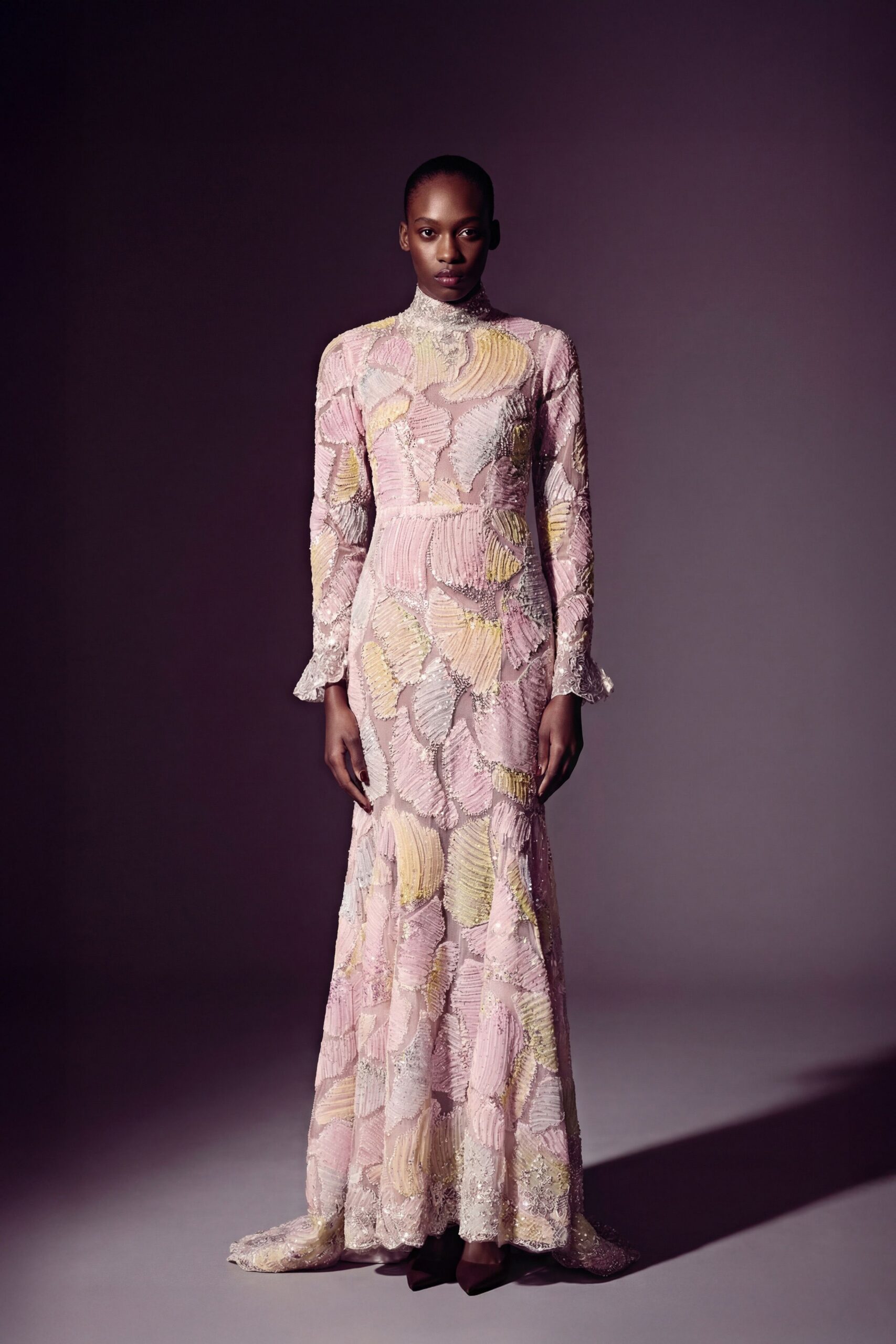 pink and yellow embroidered gown