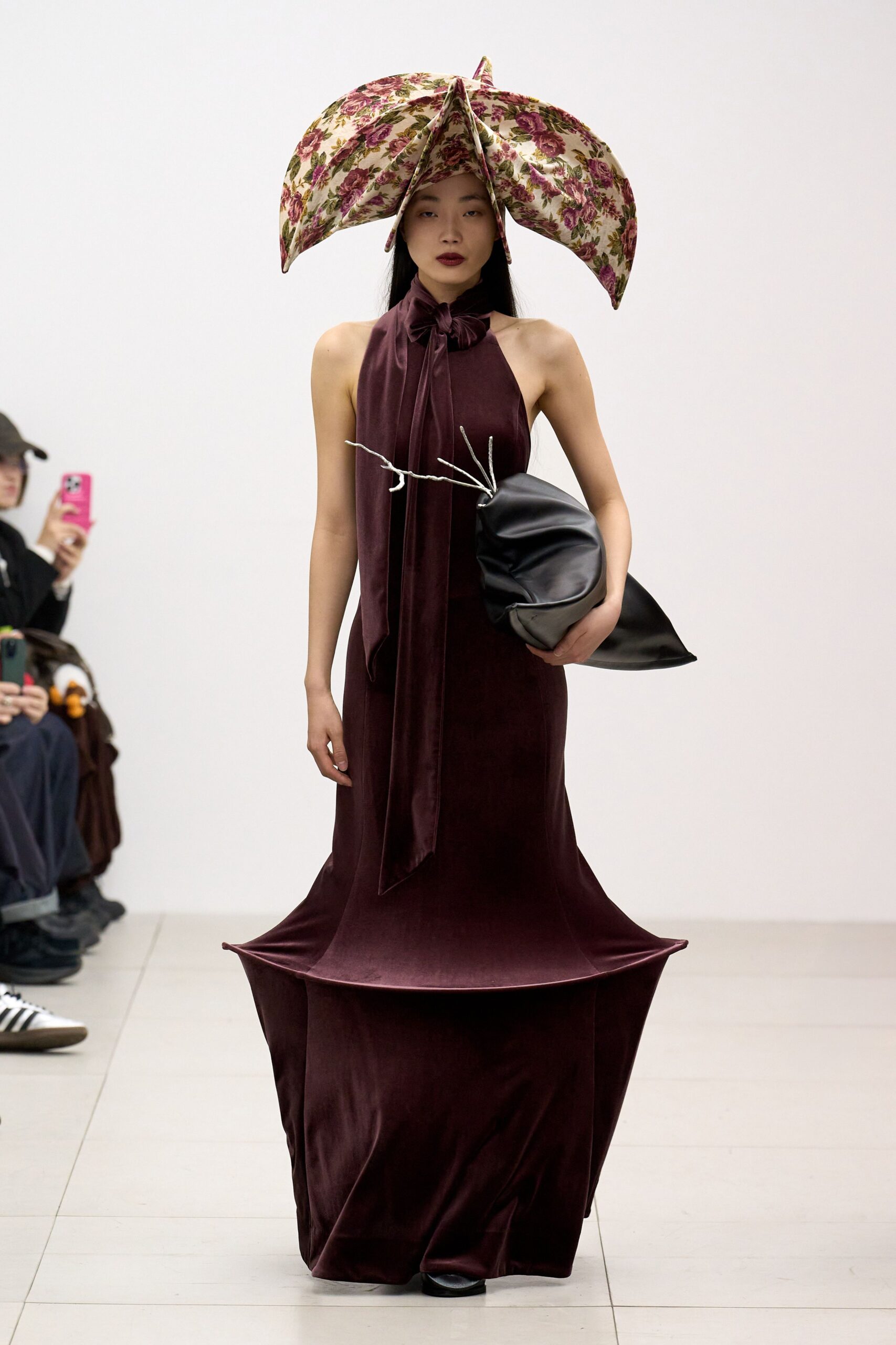 maroon velvet sleeveless high-neck fitted flared maxi gown