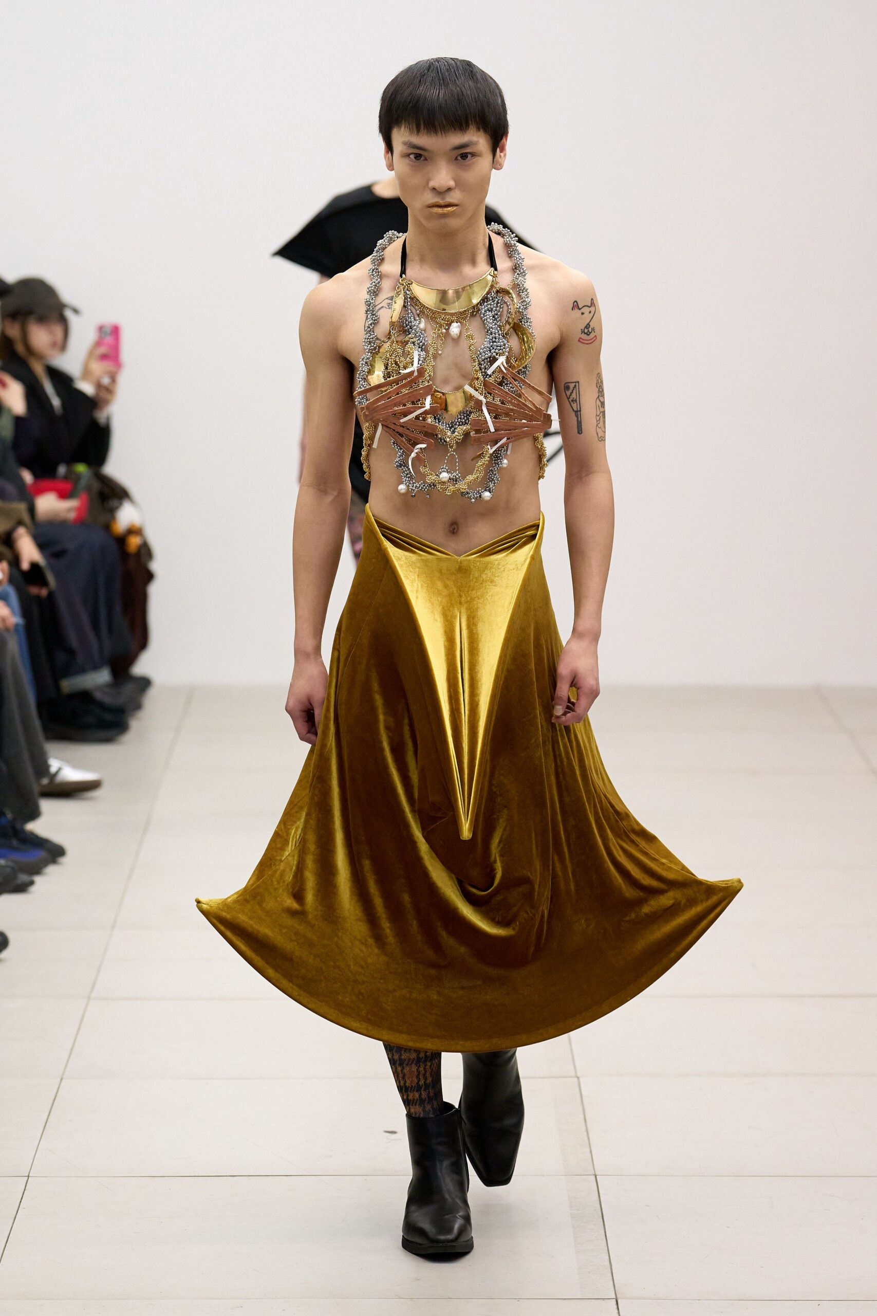 gold velvet long-sleeve fitted flared midi skirt