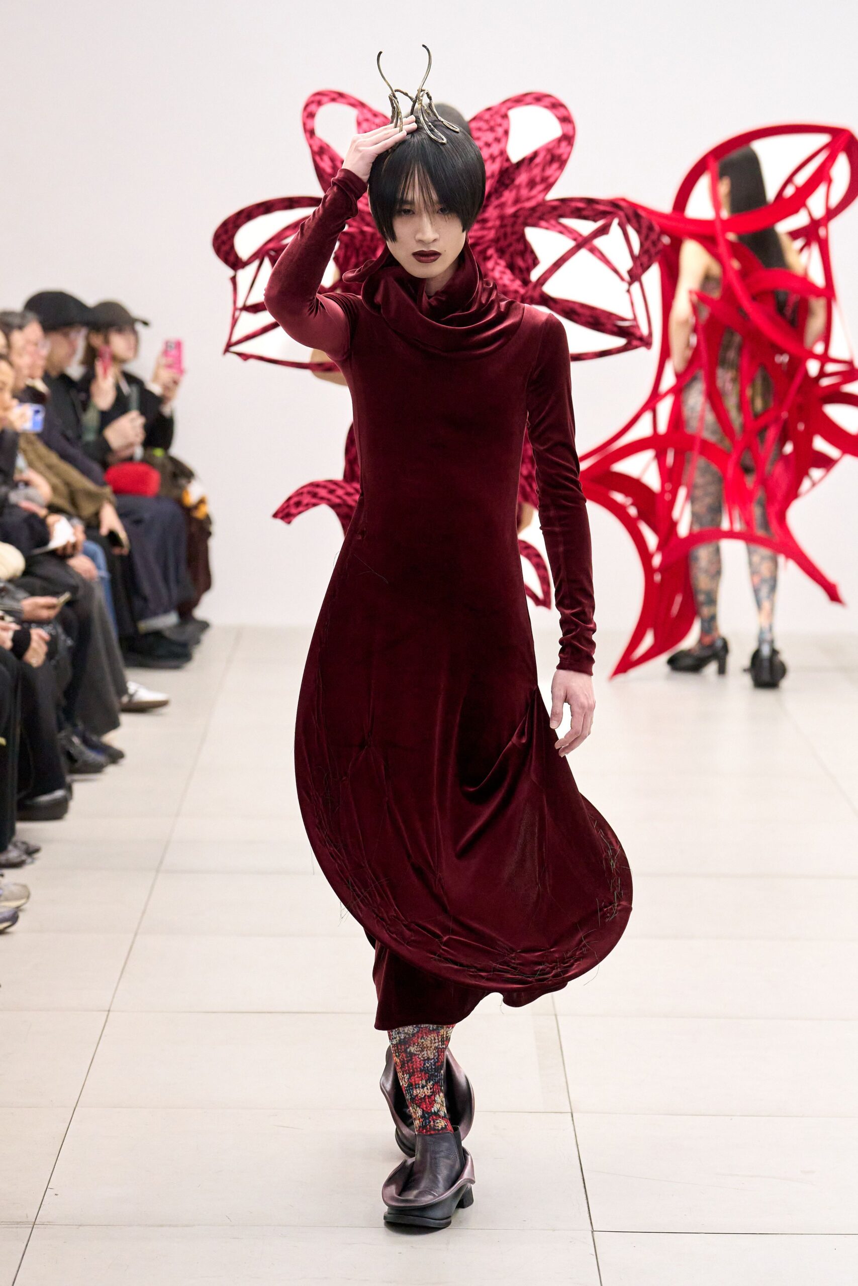 red velvet long-sleeve high-neck fitted draped midi dress