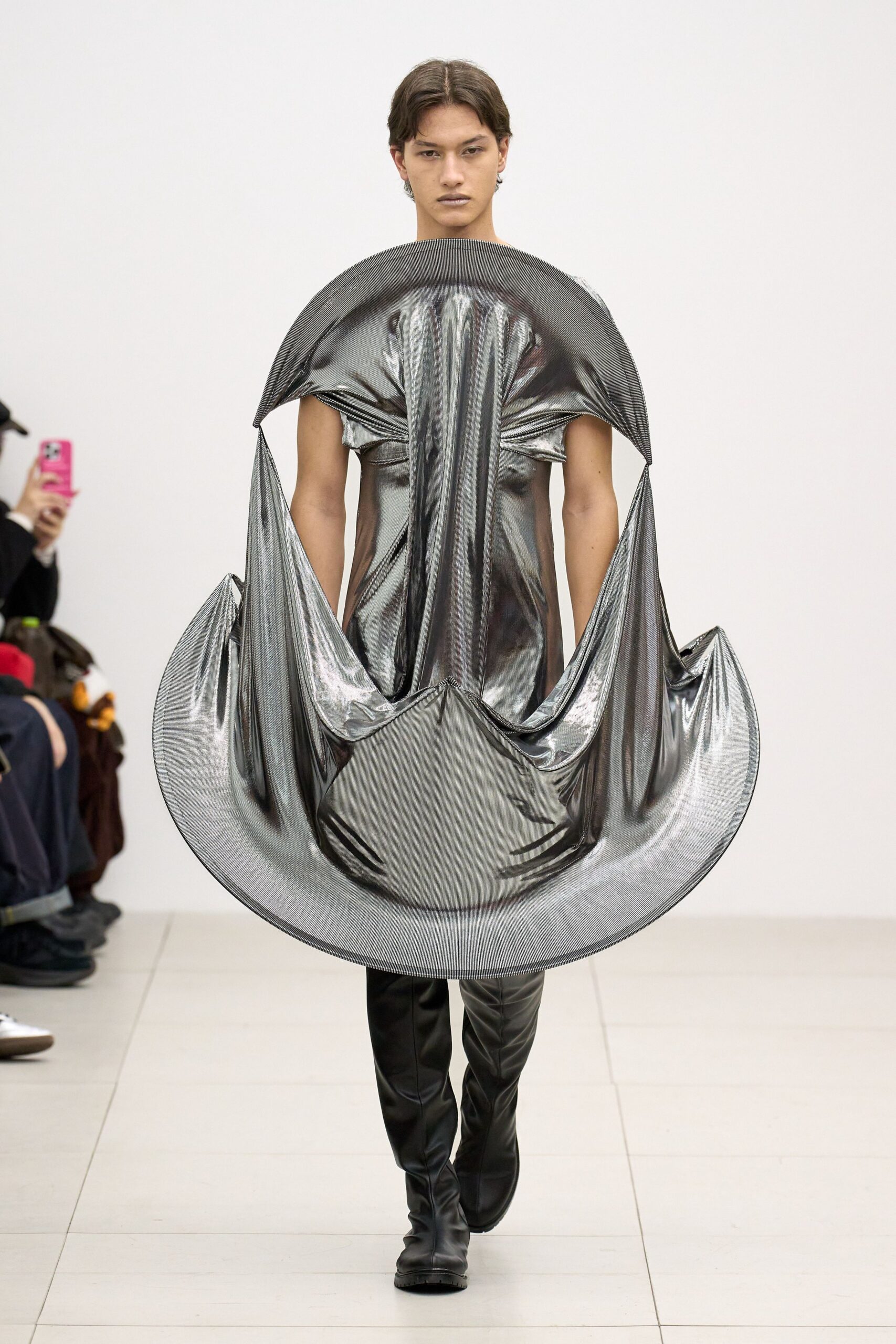 gray metallic sleeveless high-neck fitted draped shiny dress