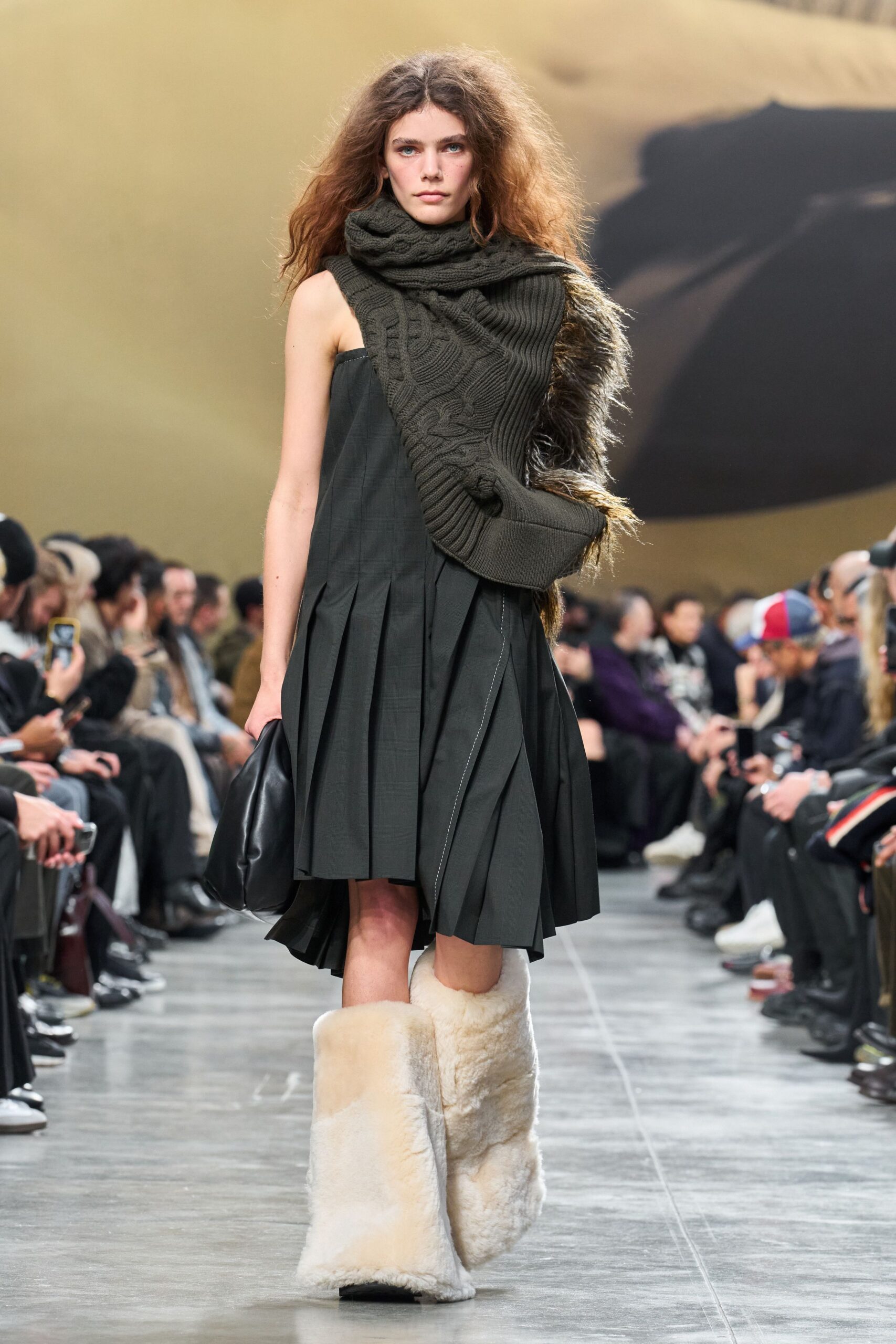 black pleated mini dress with scarf