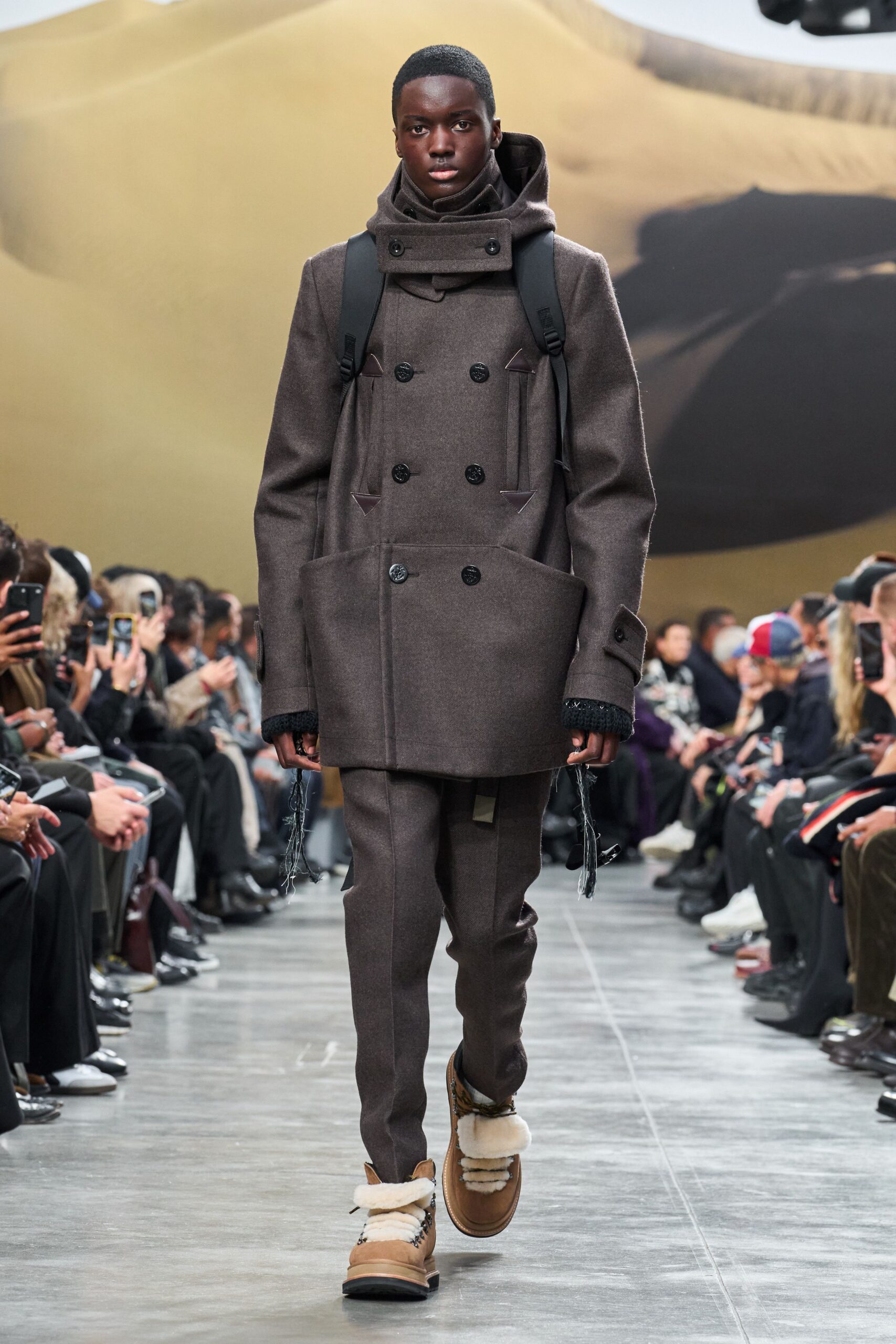 brown oversized wool coat with relaxed pants