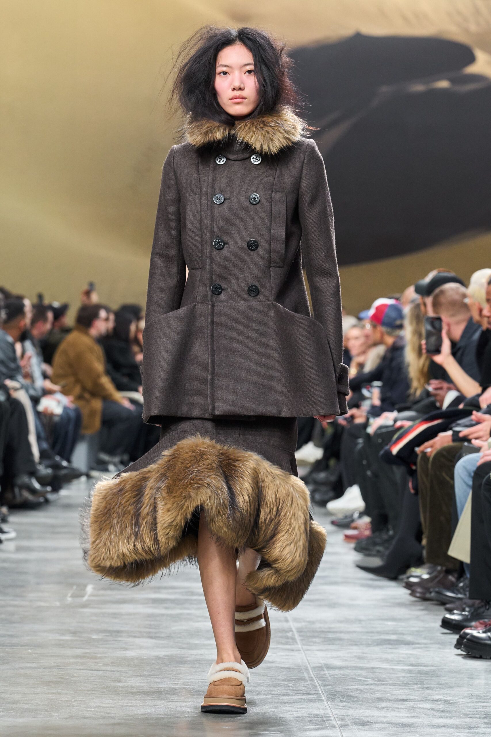 brown wool coat with fur skirt