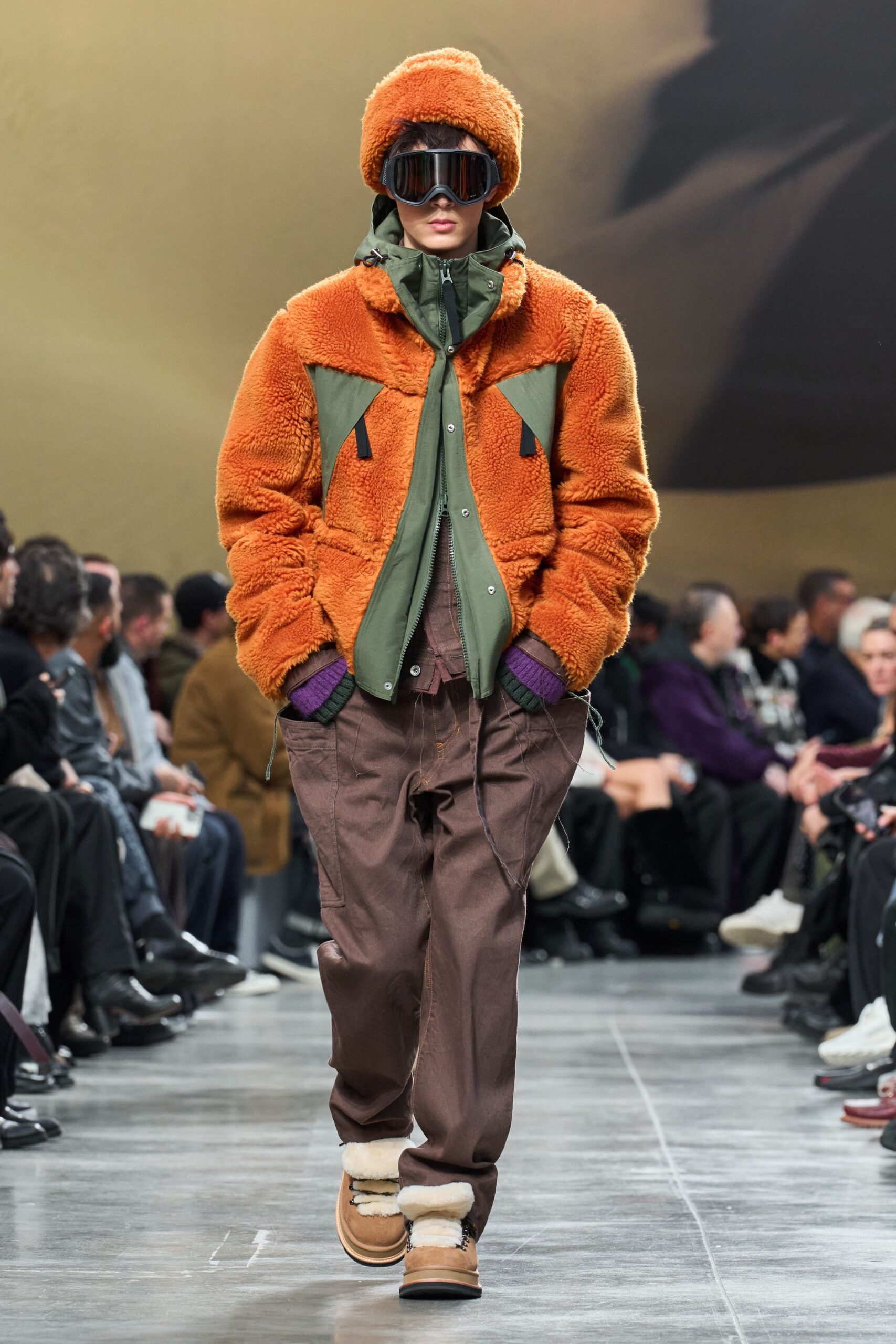 orange faux-fur jacket with cargo pants