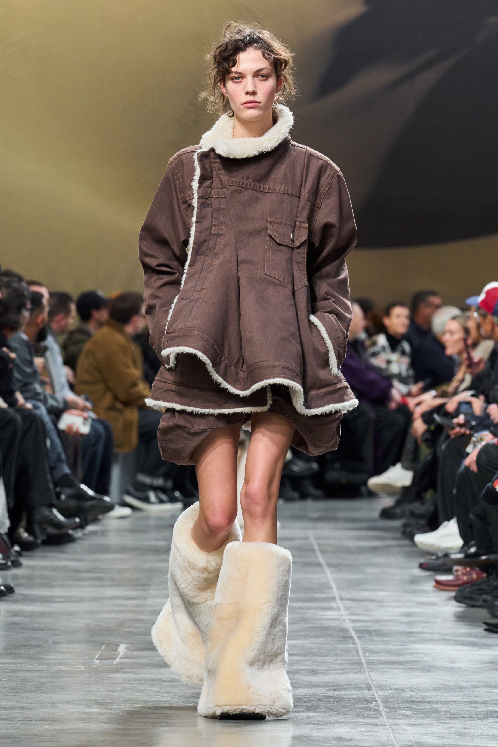 brown denim relaxed dress with white boots