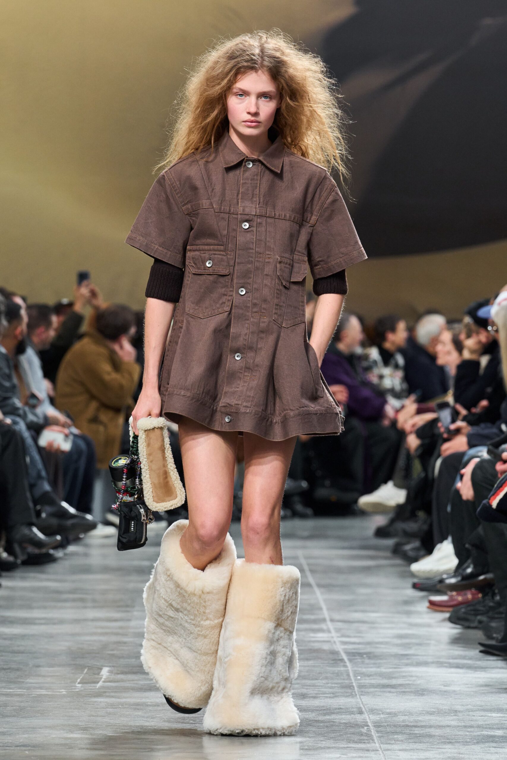 brown denim mini dress with fur boots