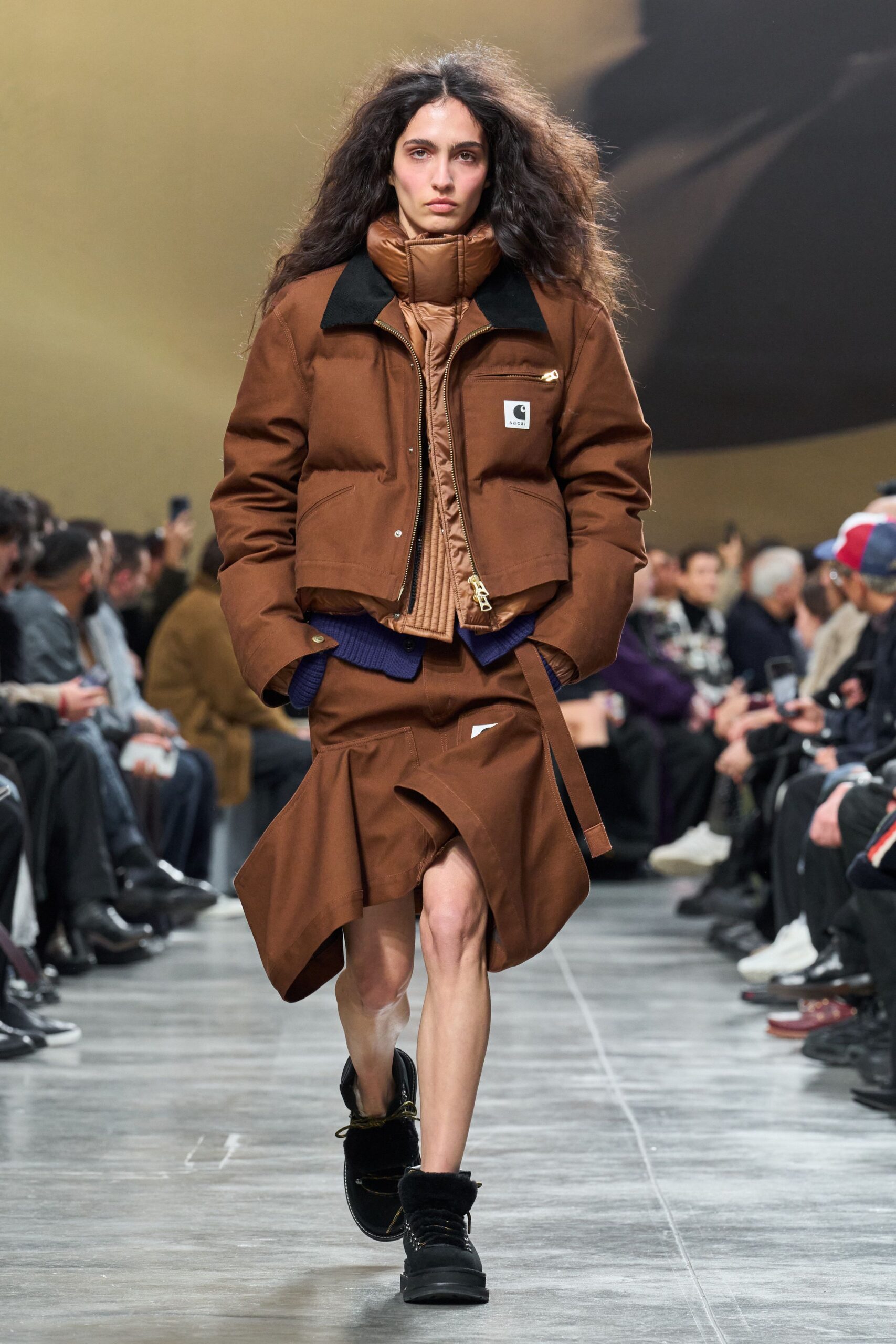 brown jacket beige top asymmetric skirt