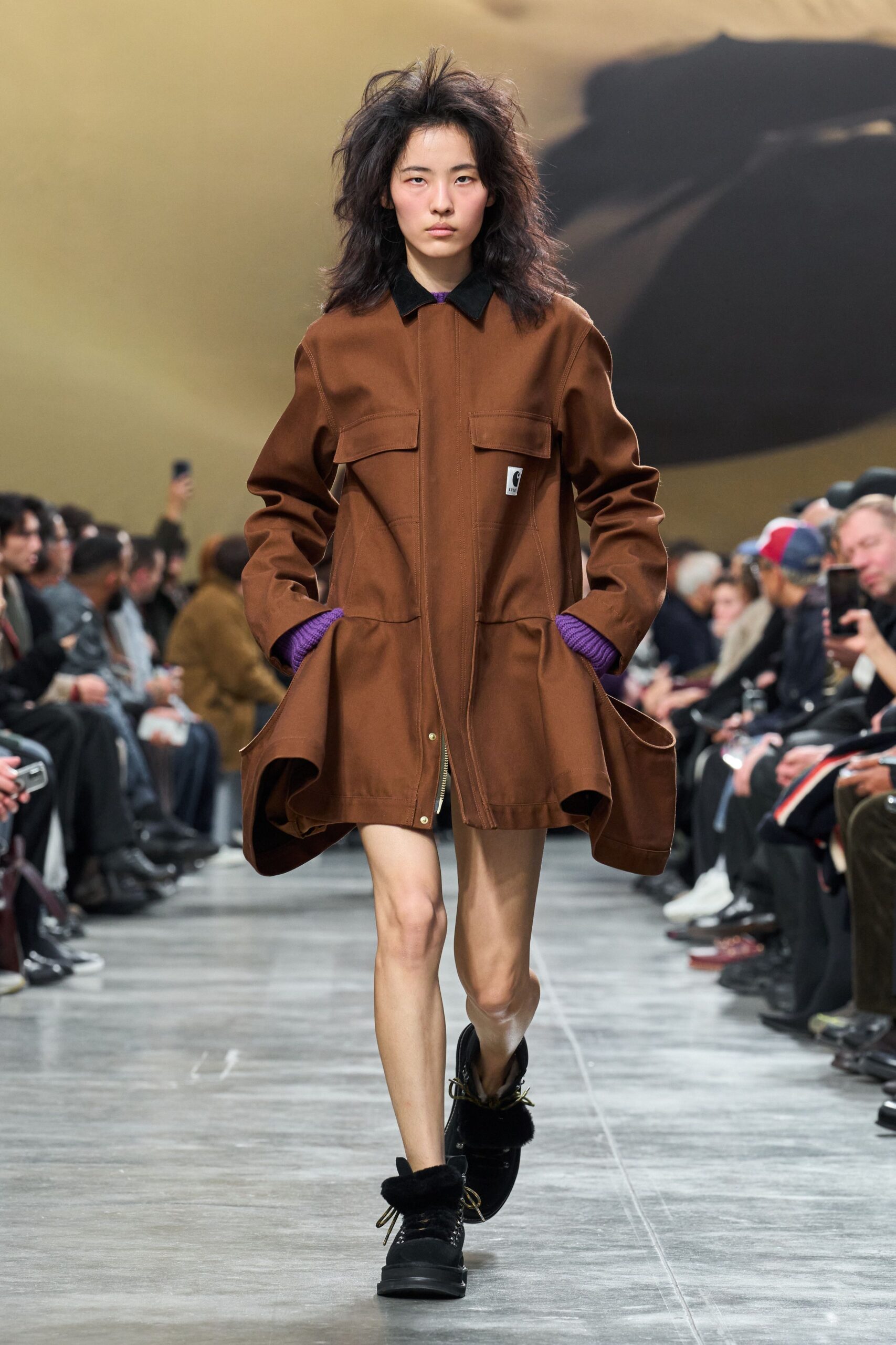 brown relaxed coat with black shoes