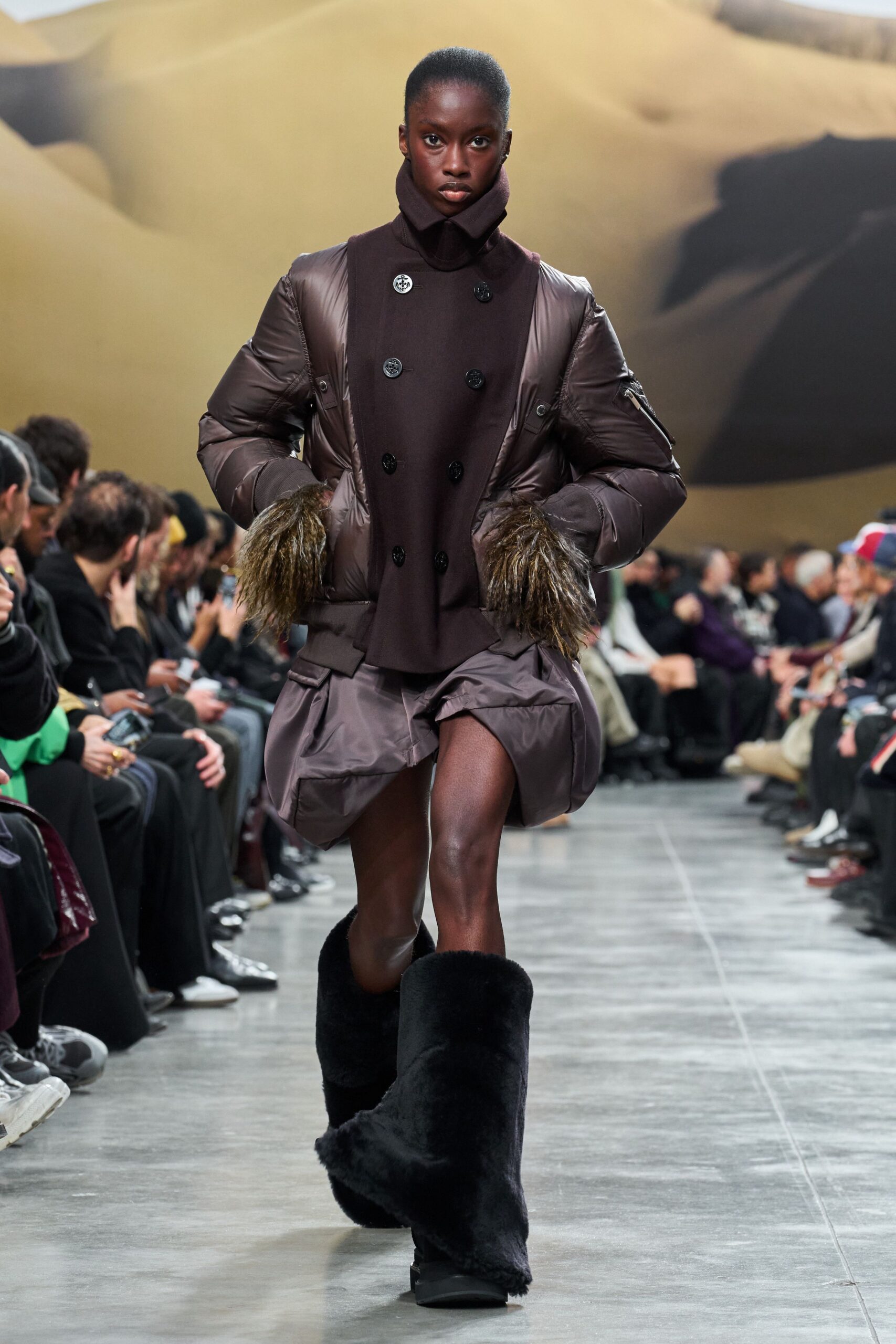 brown fur coat with gray skirt