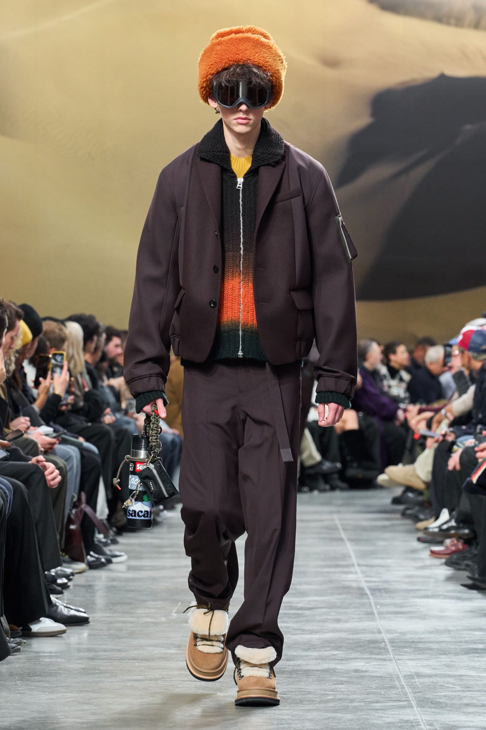 brown wool jacket with orange sweater