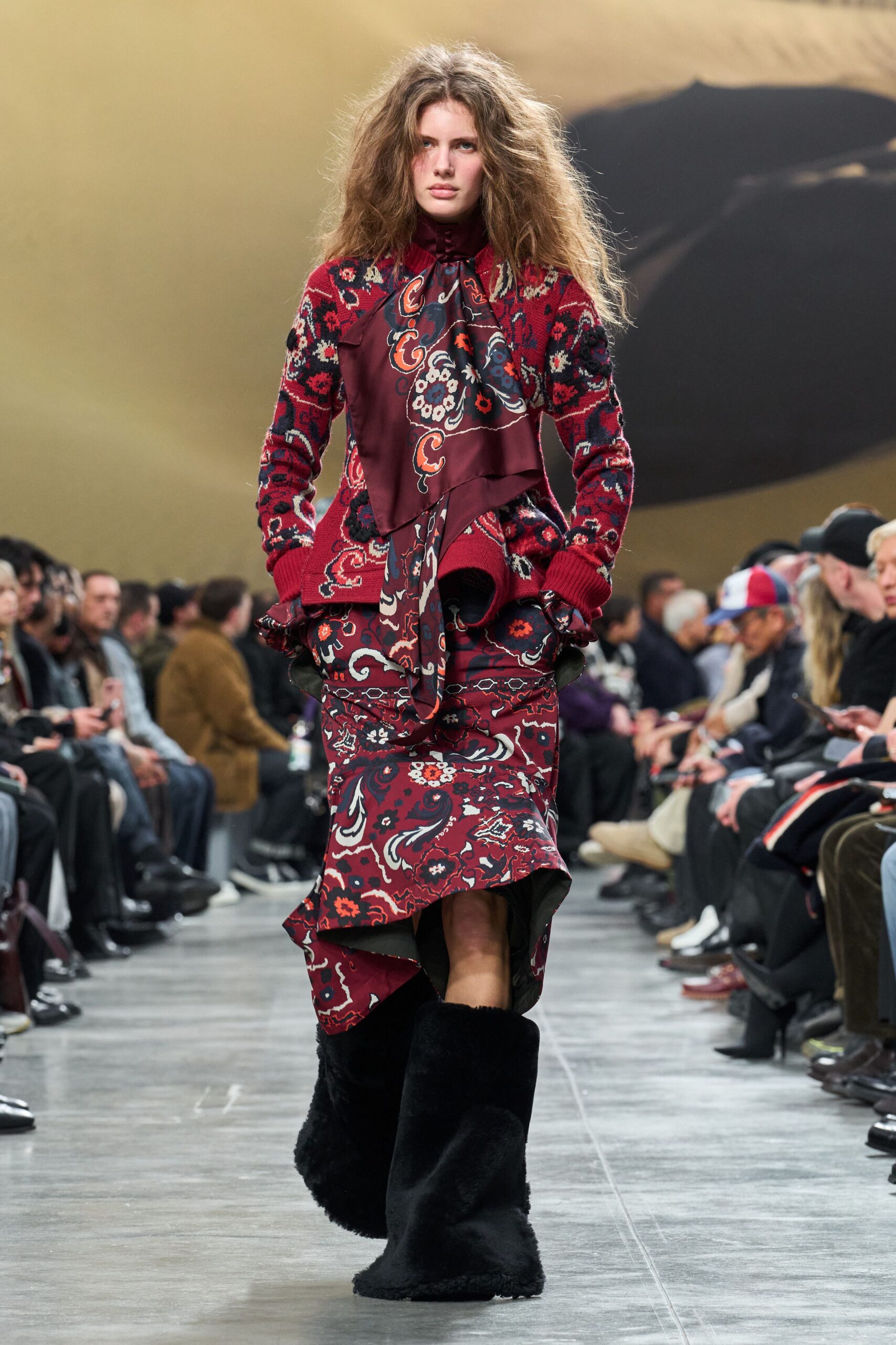 red printed midi dress with boots