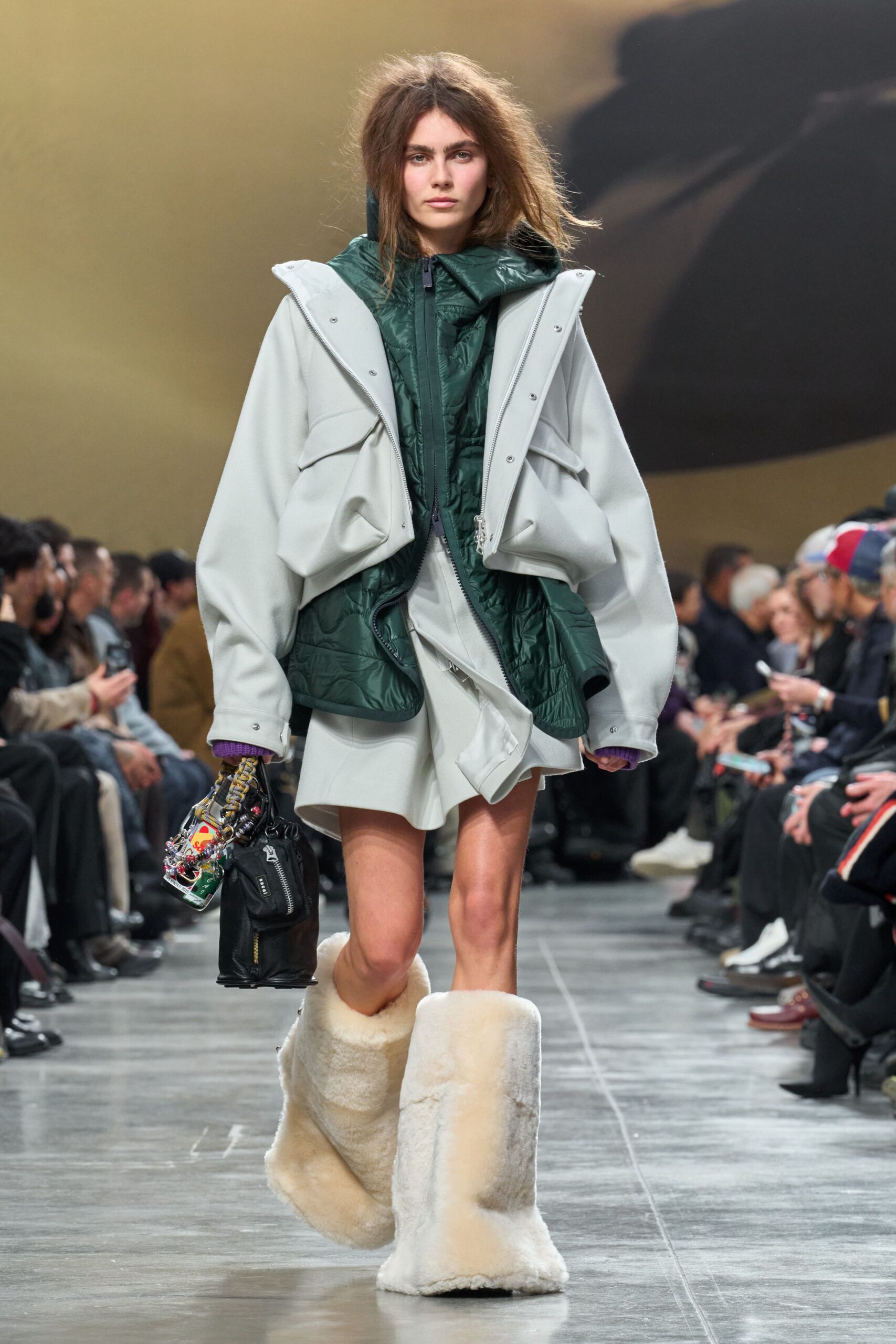 oversized gray jacket with green vest
